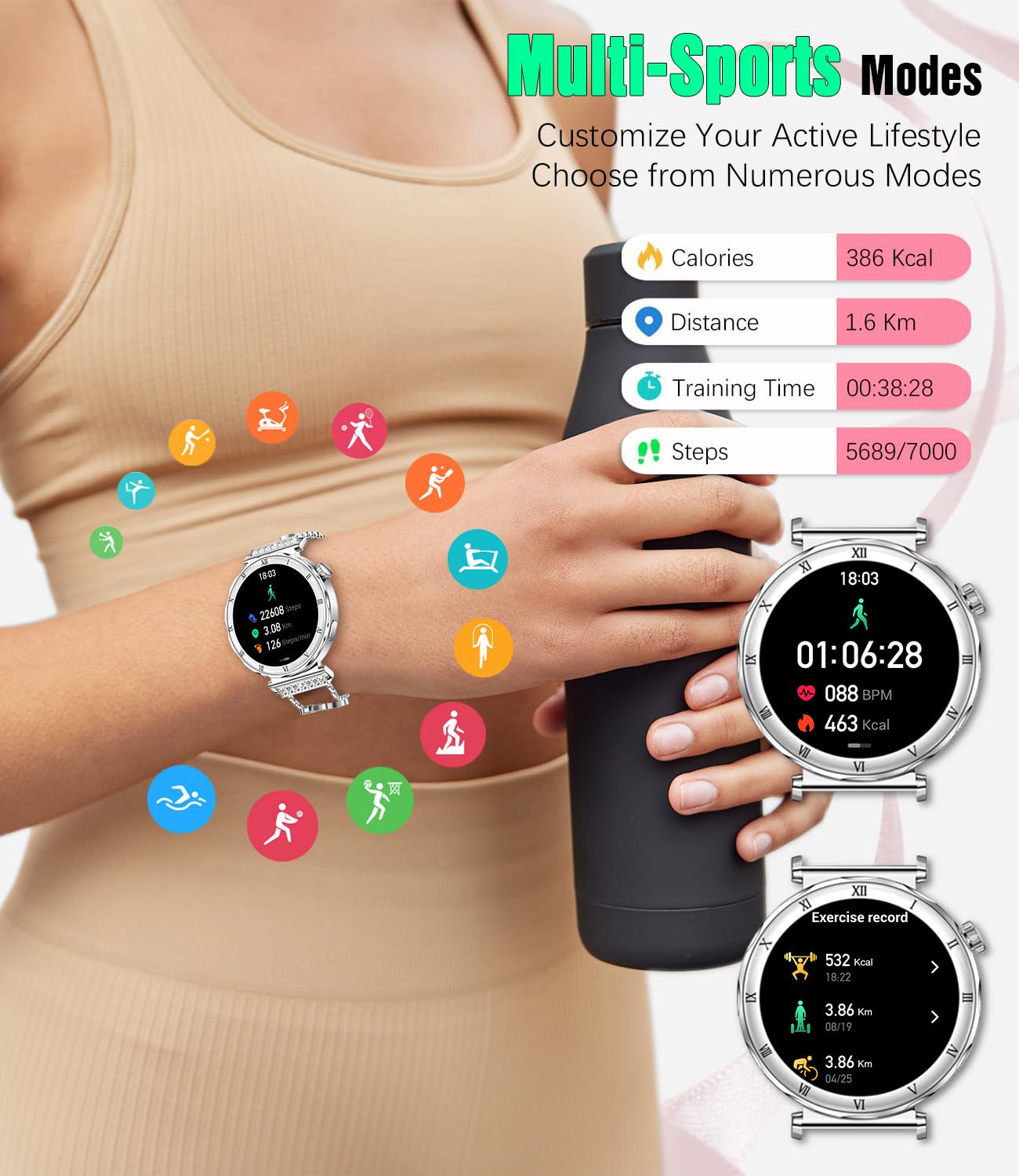 AMOLED Reloj inteligente para mujer, pantalla HD de 1.2", monitor de ritmo cardíaco/sueño, llamada Bluetooth, impermeable IP67, compatible con iOS y Android (plata elegante RT-i222)
