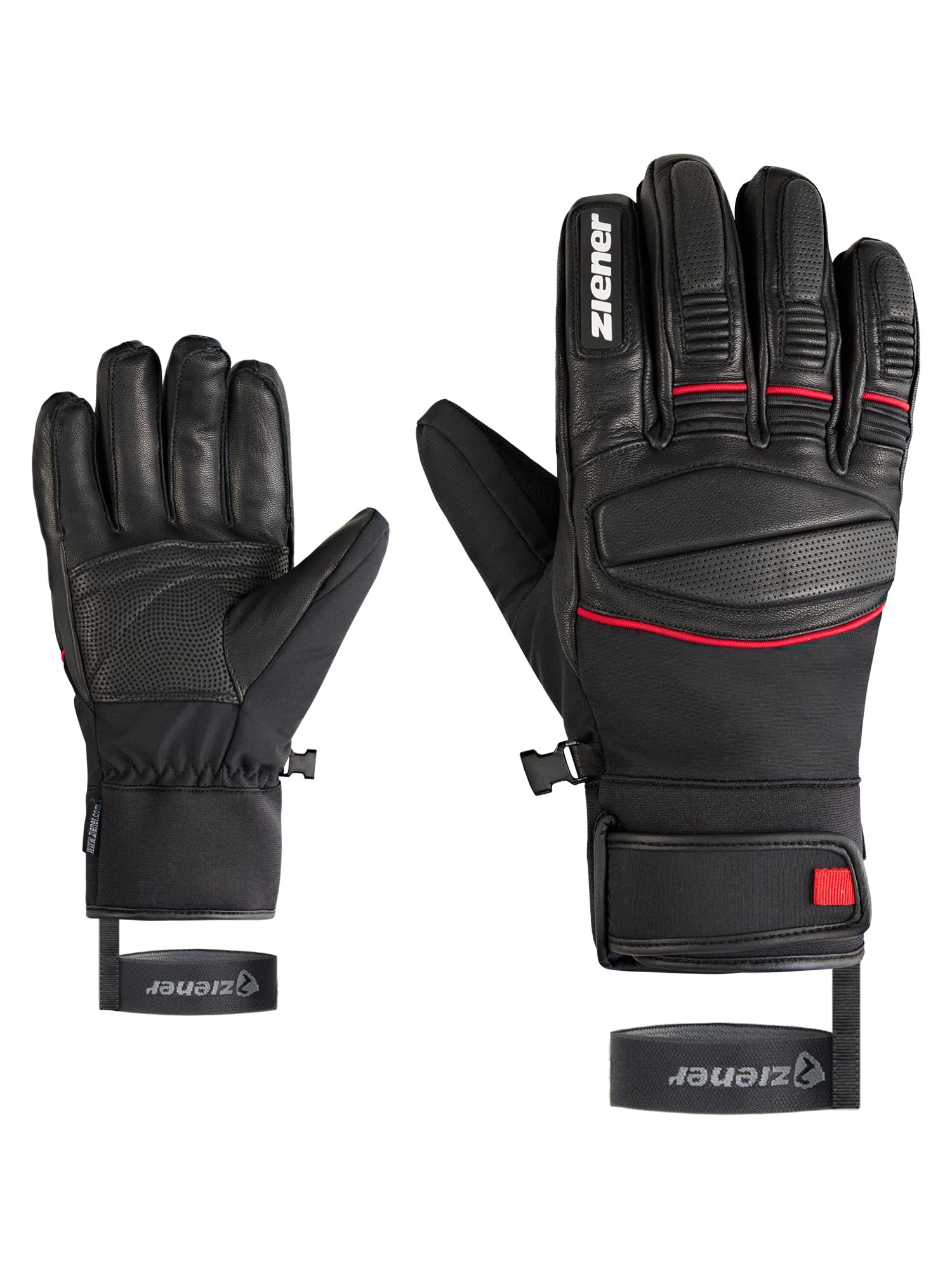 Ziener Guanti da sci GOMIN-Z da uomo, per sport invernali, impermeabili, in pelle, senza PFC, colore nero, rosso, 8,5