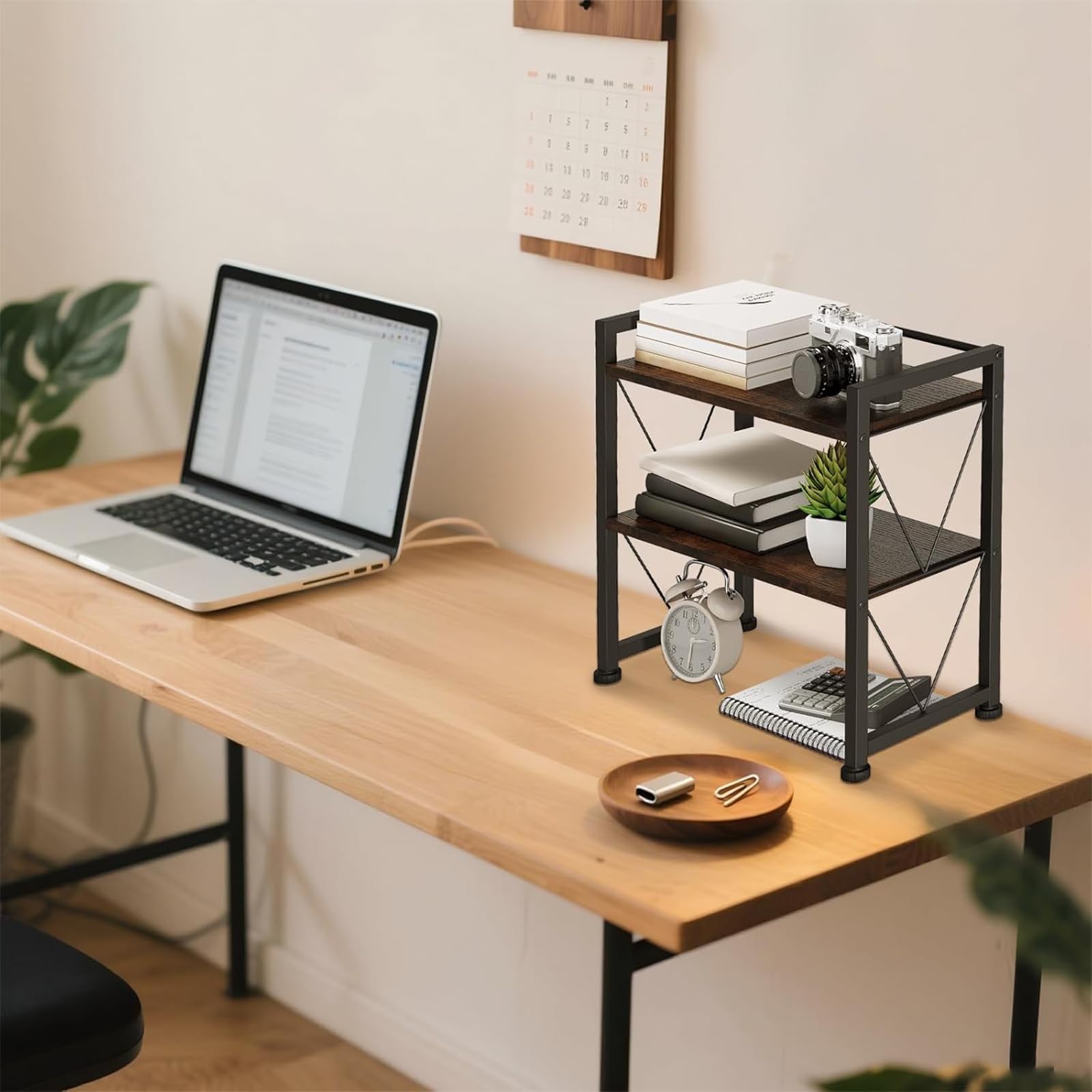 Organizzatore per Scrivania VSIWB in Legno, Mini Mensola da Tavolo, Piccola Libreria a Scaffali Aperti, Mobiletto Compatto per Ufficio e Casa 41x20x37cm (Marrone)