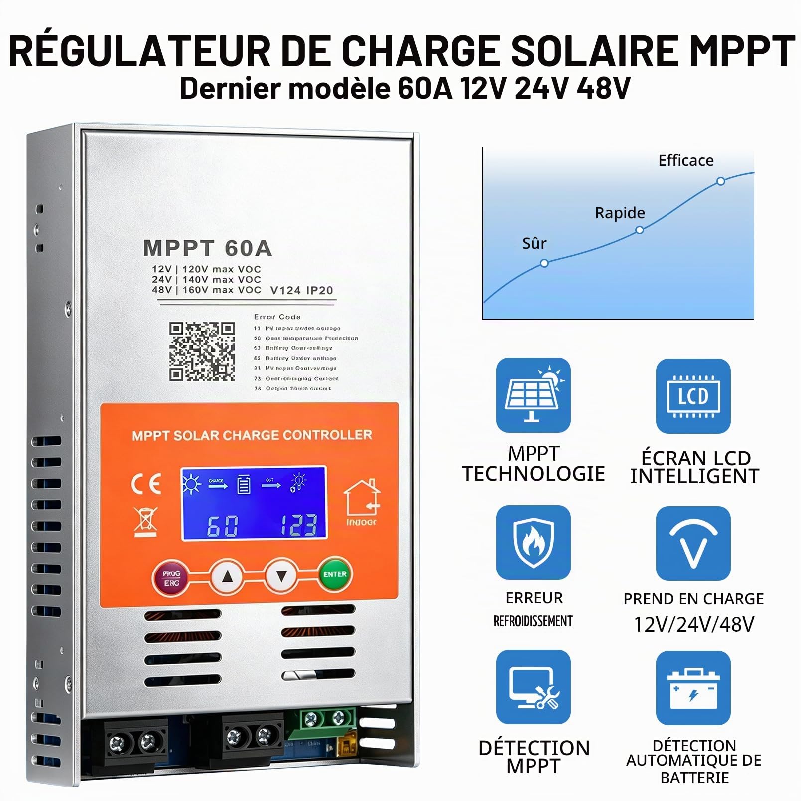 MPPT Régulateur de charge solaire 60 A 12 V/24 V/48 V avec écran LCD