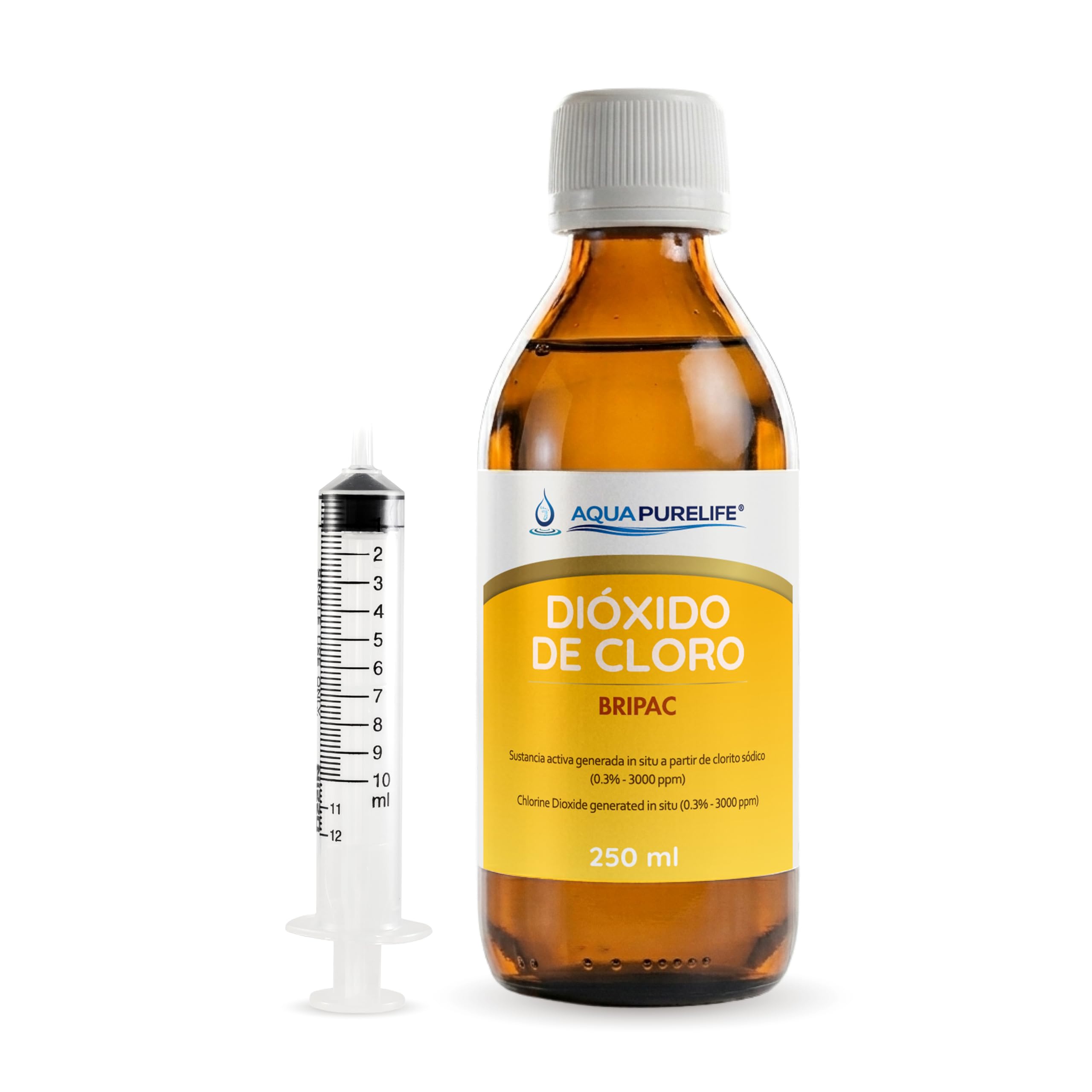 DWUTLENEK CHLORU 250 ml - 3000 ppm | CDS – Aktywowany 0,3% | najłatwiejszy sposób użycia i bez odpadów, najnowsza produkcja AQUAPURELIFE® i najlepszy pojemnik ze szkła oranżowego, większa ochrona