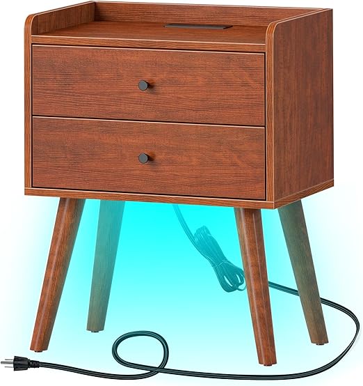 Rolanstar Nightstand with Charging Station and LED Lights