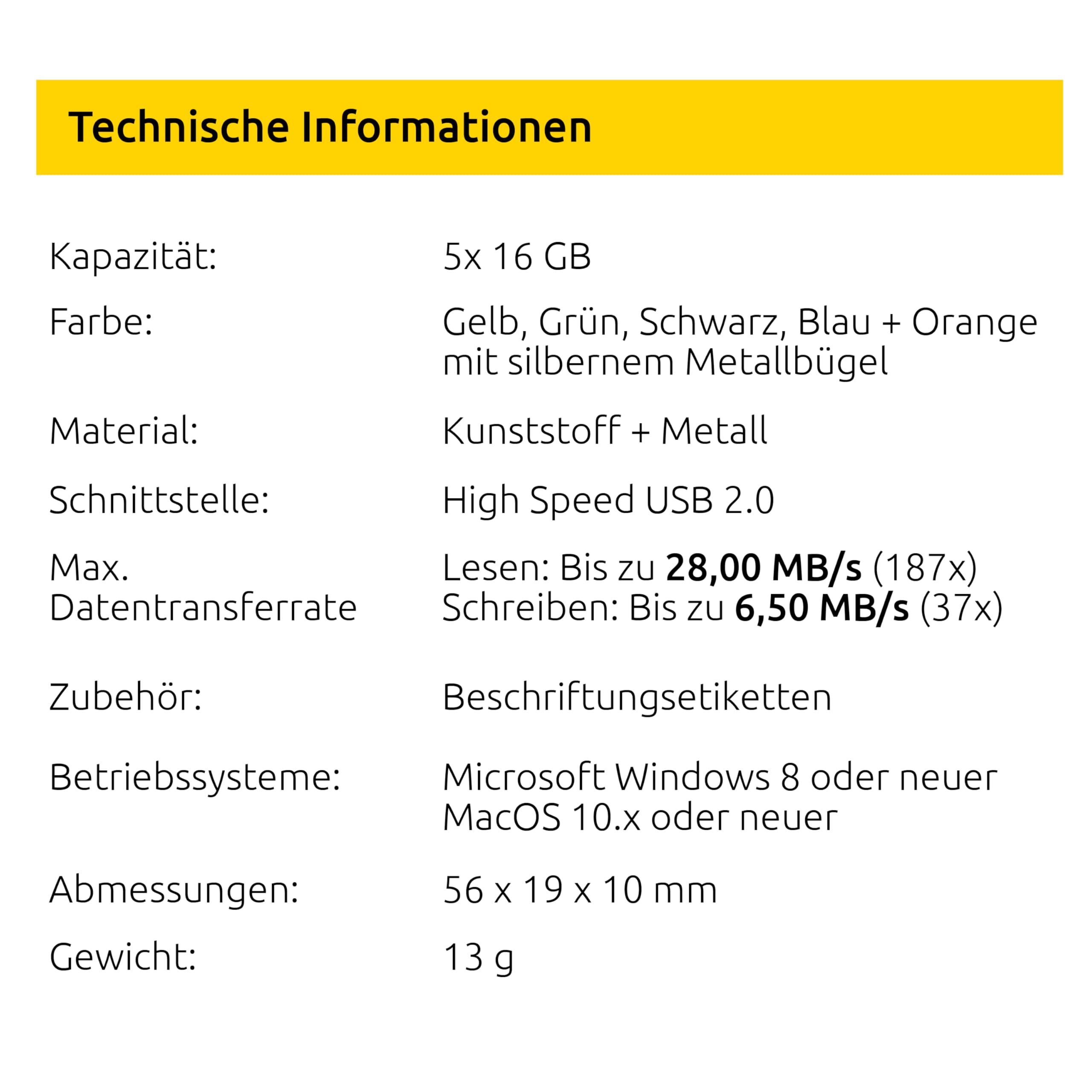 Intenso Basic Line - Chiavette USB 2.0 da 16 GB, con pratica etichetta, giallo, verde, nero, blu + arancione, con staffa in metallo argentato, confezione da 5