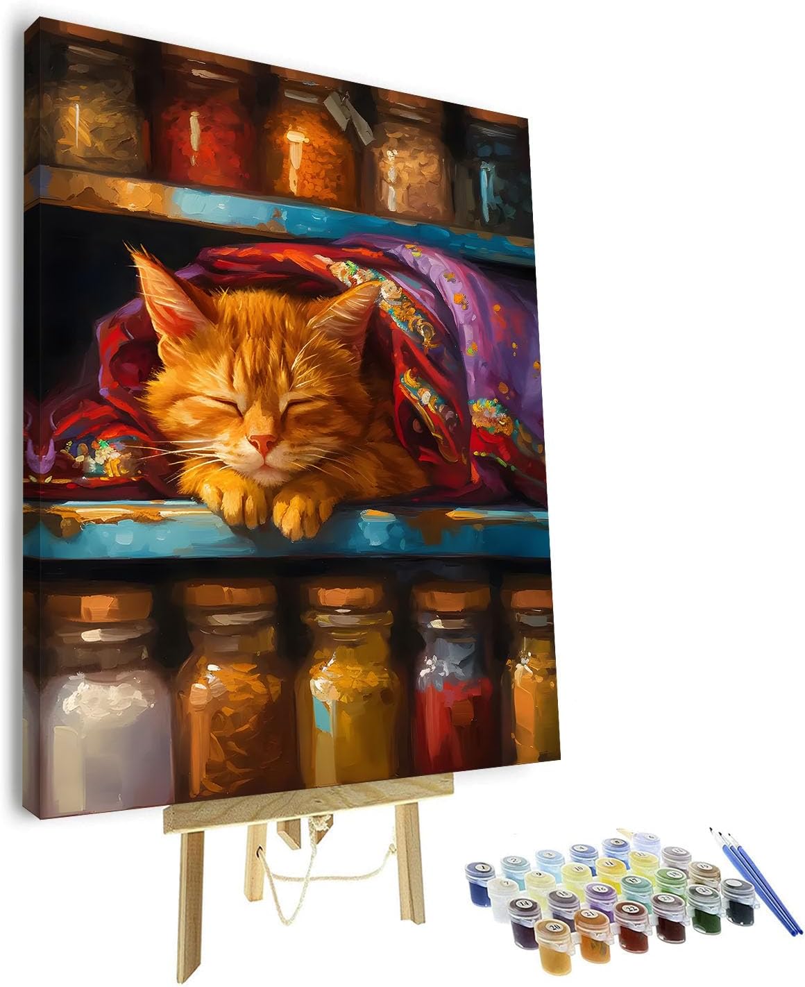 TUMOVO Paint by Numbers Kit for Adults, Paint by Number - Cozy Cat in Spice Cabinet Art, Color by Number for Adults Beginner, 16x20 Inch(Framed)