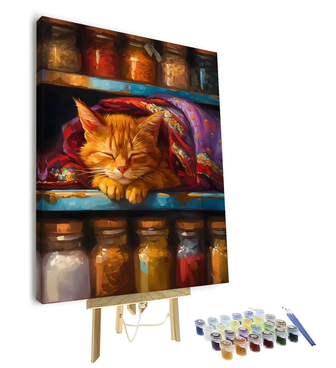 TISHIRON Paint by Numbers Kit for Adults, Paint by Number - Cozy Cat in Spice Cabinet Art, Color by Number for Adults Beginner(16x20 Inch)(Framed)