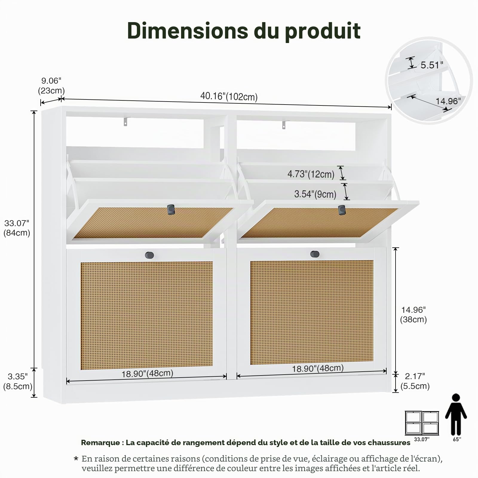 Meuble à Chaussures en Rotin avec 4 Portes Bohème Armoire à Chaussures, étagère réglable, 16 e 24 Paires, pour Couloir, Salon, Convient 102 x 23 x 84 cm
