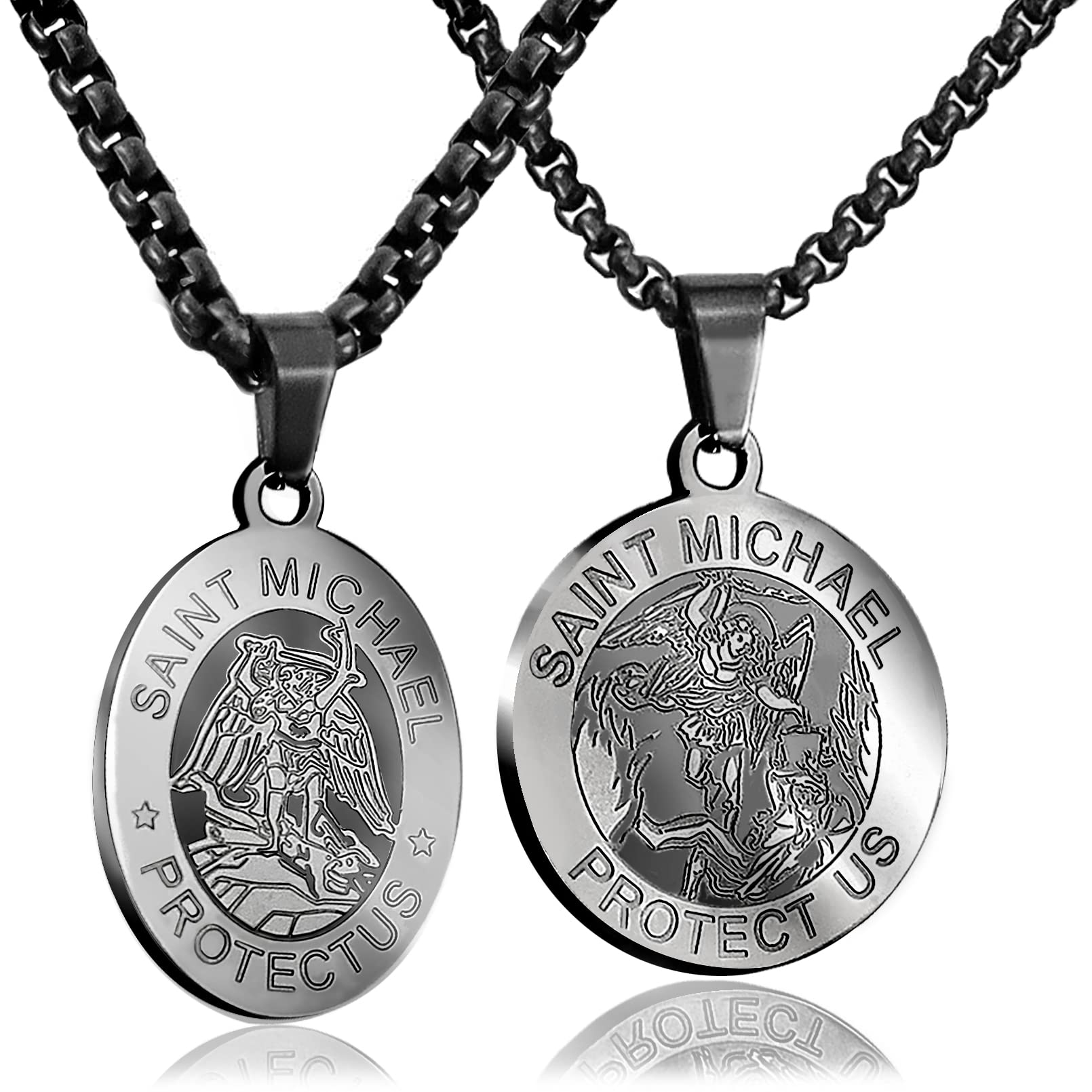 QuneusHot 2 Pieces St Michael Archangel Pendant Stainless Steel Catholic Protection Miraculous Medal Necklace for Men Women Box Chain