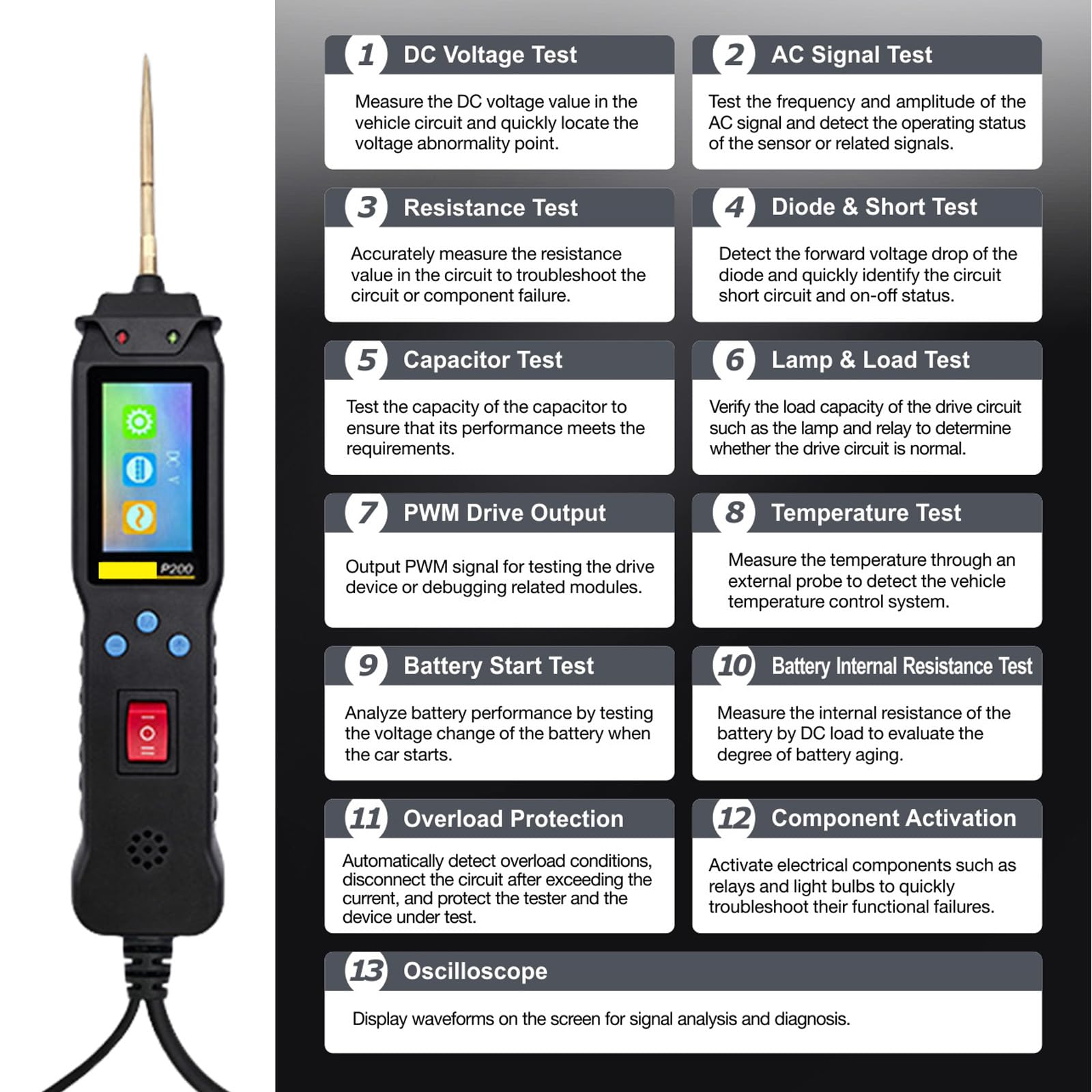 Probador Profesional De Circuitos Eléctricos Para Automóviles Prueba Continuidad Voltajes 12V/24V Circuitos Automotrices Con Cable 2M Continuidad Voltajes