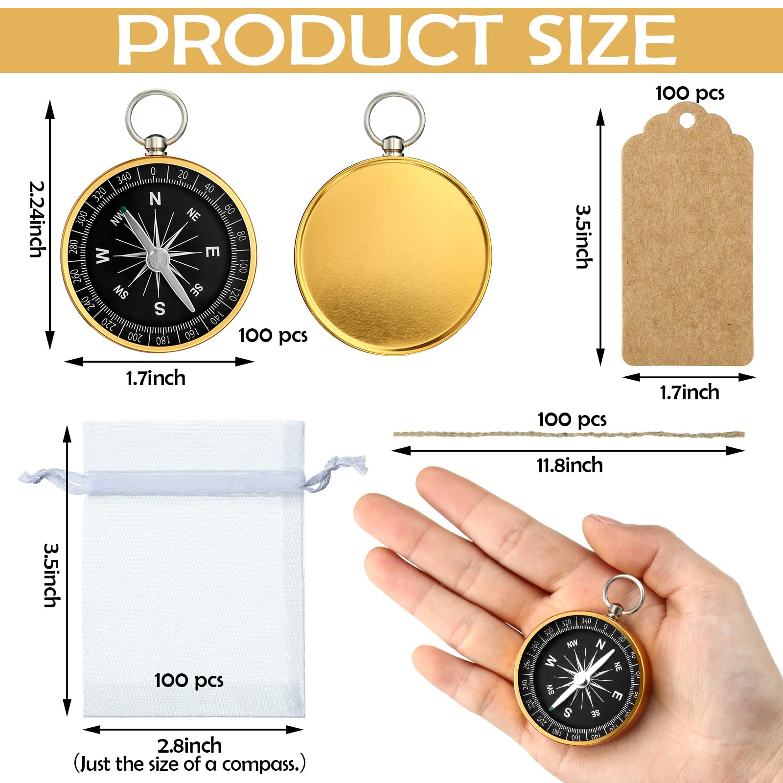Lot de 100 mini boussoles de mariage pour invités - Décorations de fête sur le thème des voyages avec étiquettes en papier kraft et pochette à cordon pour anniversaire, mariage, décoration de Noël