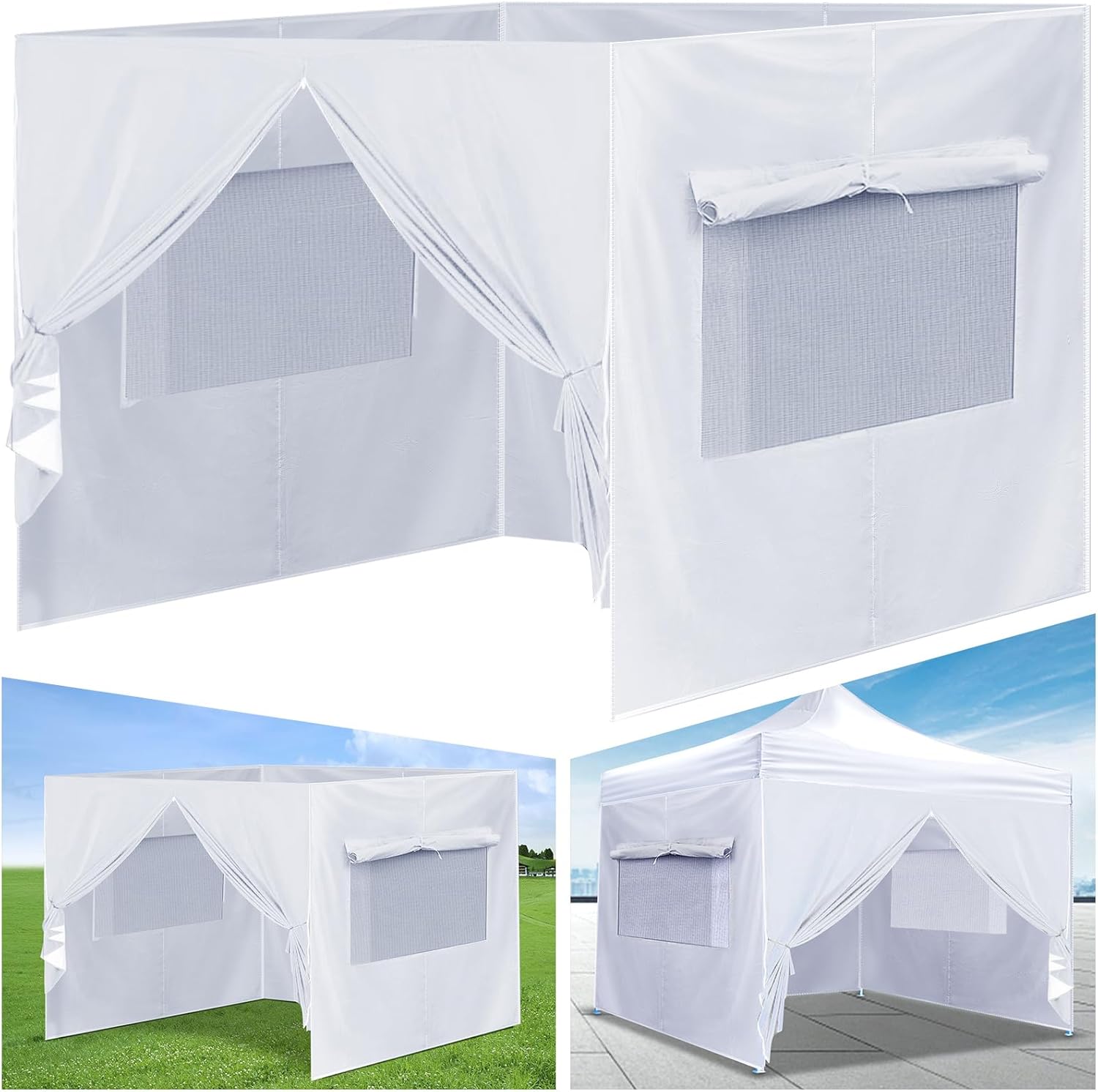 4Pcs Canopy Sidewall for 10x10 Canopy Frame Enclosure Wall with Mesh Window Replacement Side Wall for 10x10 Pop up Tent Outdoor Party, No Frame or Top(White)