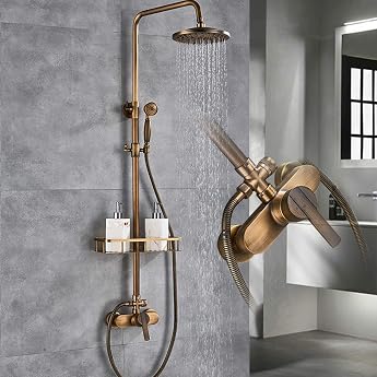 Antik Armatur Duschset Regendusche Duscharmatur Messing Brause Nostalgie Dusch Rund Duschsystem Handbrause Mit Duschstange Satz Wandmontage Duschgarnitur Set Duschkopf Duschbrause Badzimmer Retro Gold