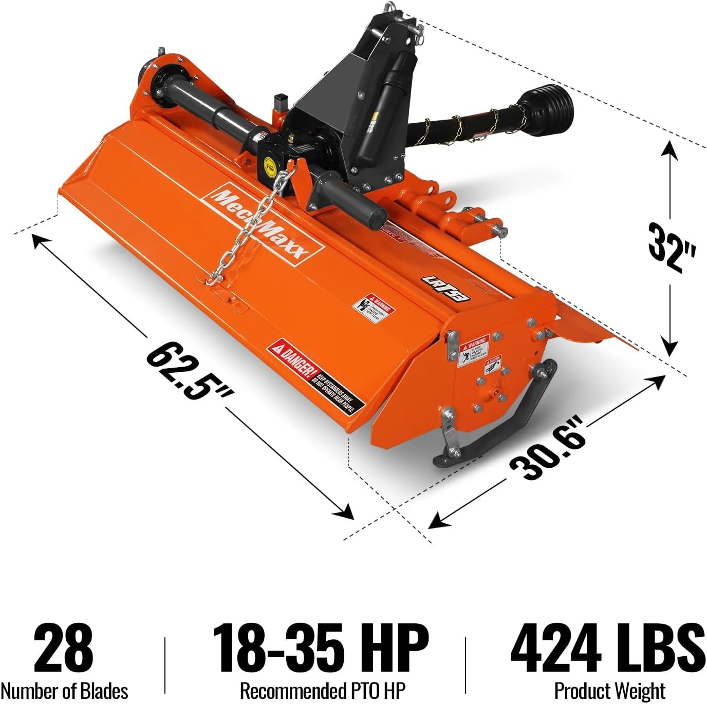 MechMaxx 53 in Rotary Tiller, 3 Point Hitch Cat.1, Chain Drive, PTO Shaft Included with Shear Bolt, 18–35 HP, LRT53
