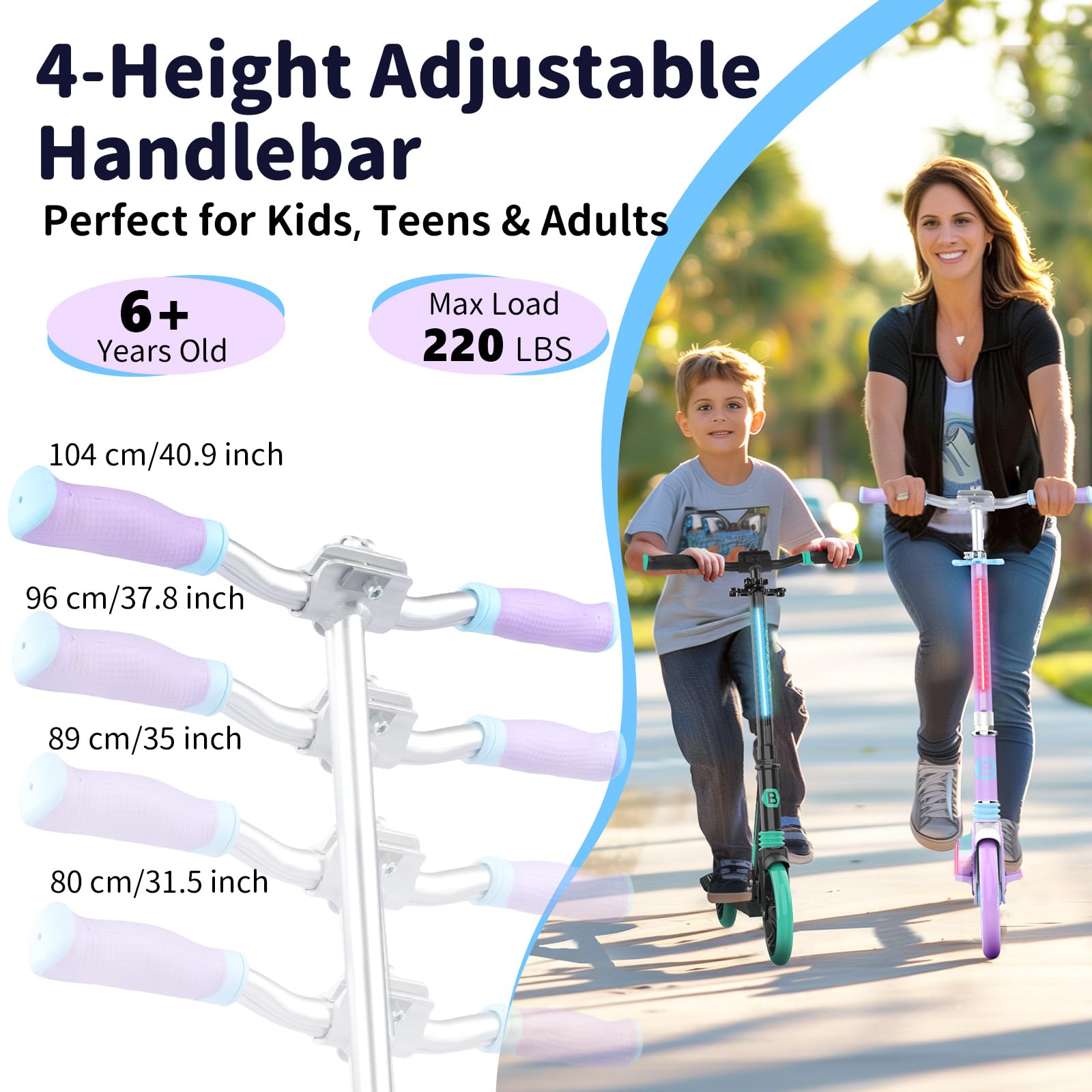 BELEEV V8 Patinete de 2 Ruedas, Plegable Patinete con LED Luces Stem, Deck, Altura Ajustable, Big Wheel 200mm Scooter Adult con Correa de Transporte, Marco Resistente para 6+ Niño Niña Adulto