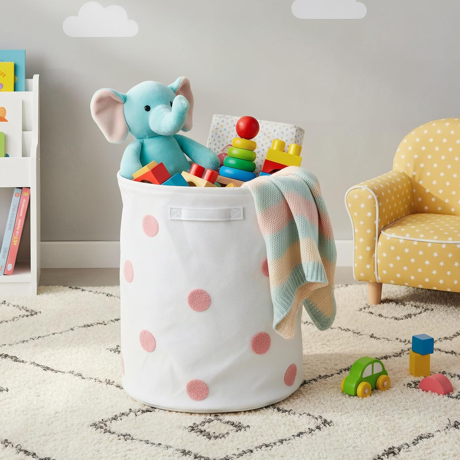 Pink Laundry Basket Nursery Hamper for Baby Girl 16"D x 20"H Round Embroidered Dot Large Cotton Canvas Basket Bin for Dirty Clothes Toys Towels Nursery Playroom Home Room Organizer Decor