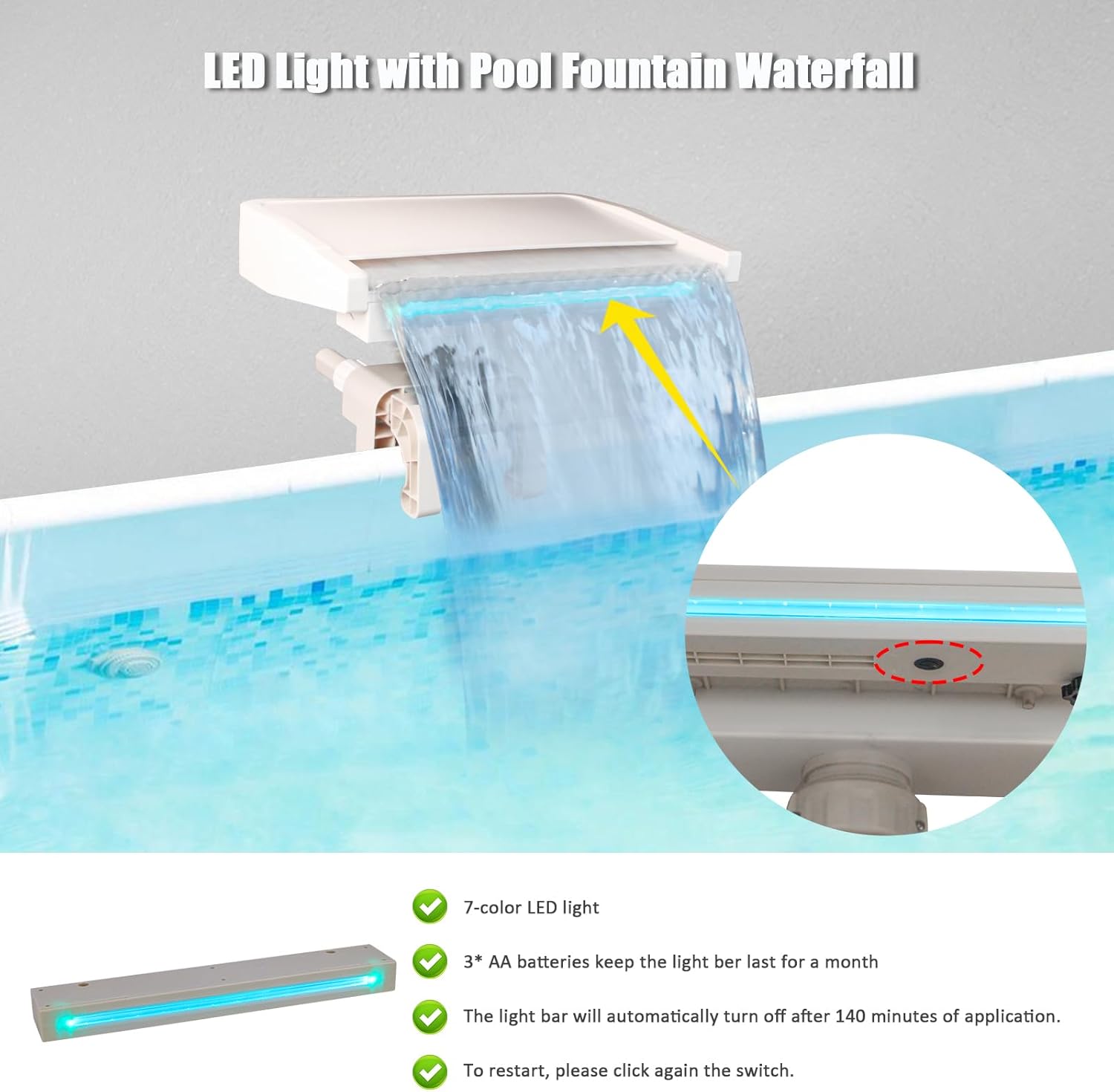 NICENICY Pool Waterfall with 7-Color LED Lights, Swimming Pool Waterfall Fountain for Above Ground Pools, Smooth Flowing Waterfall with Light for Relaxation, Fits 1.2" to 4.7" Above-ground Pool Frames