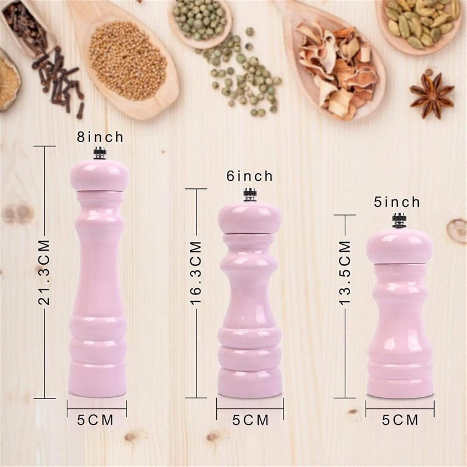 Salt and Pepper Grinder Manual Rubber Wood with Ceramic Grinder Core Refillable Manual Spray Light Pink Color Spice Grinders Salt Shaker,1pcs-8in