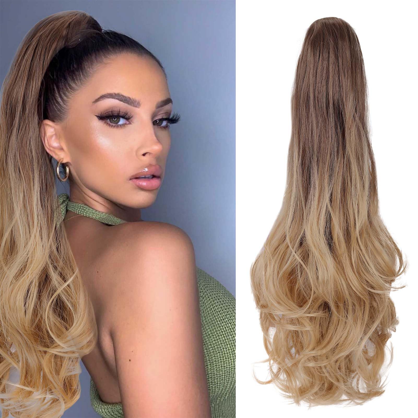 Cybelleza Coda Capelli Extension Coda di Cavallo 45cm Estensioni per Capelli Ricci Mossi Ondulati Lunghi Sintetici Ponytail Claw Posticci Parruchino Donna, Marrone Ombre Biondo Scuro