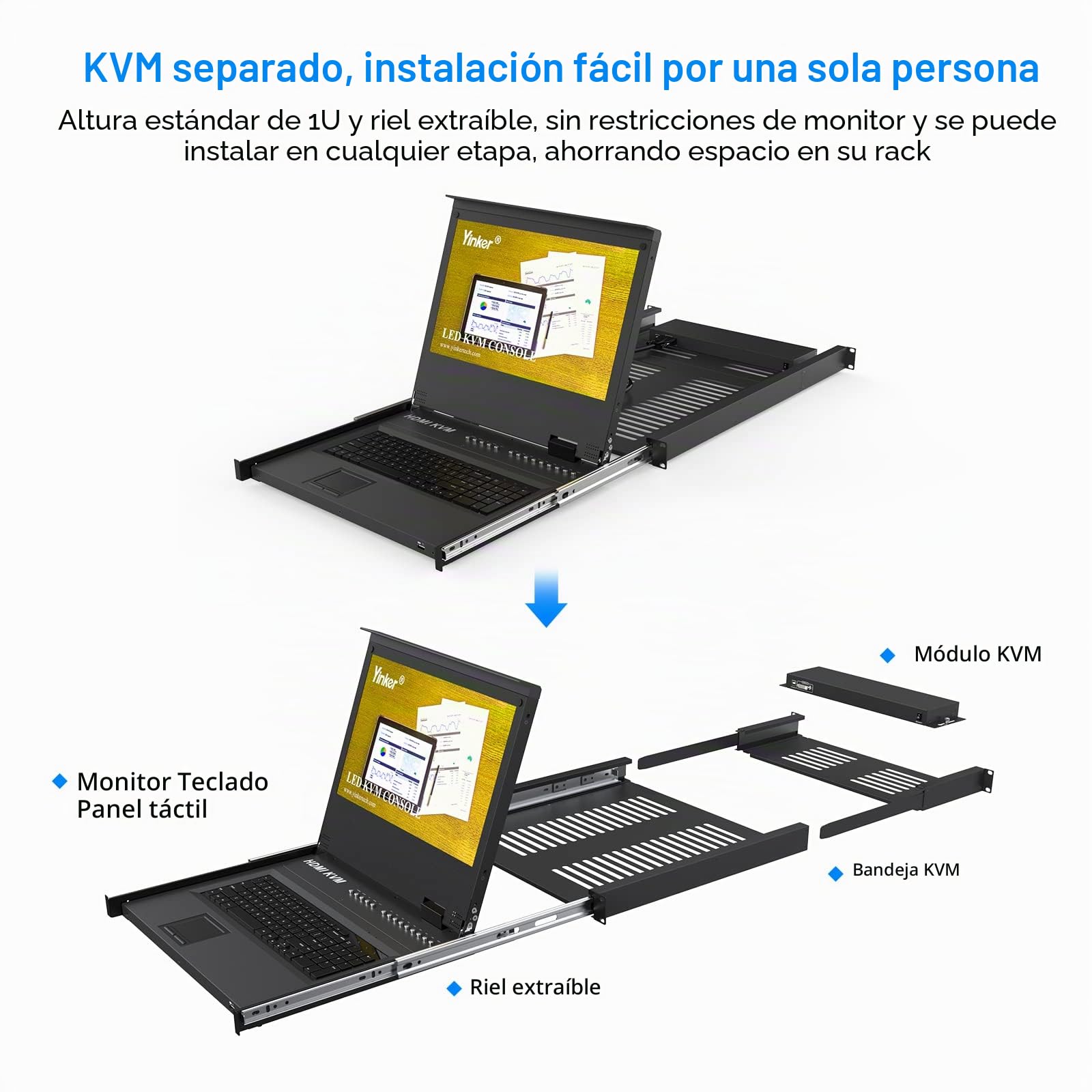 Consola KVM LCD de 17 pulgadas, 8 puertos, HDMI, Yinker Rackmount KVM Switch Fit 1U 19", monitor de teclado y cajón con panel táctil integrado + cables