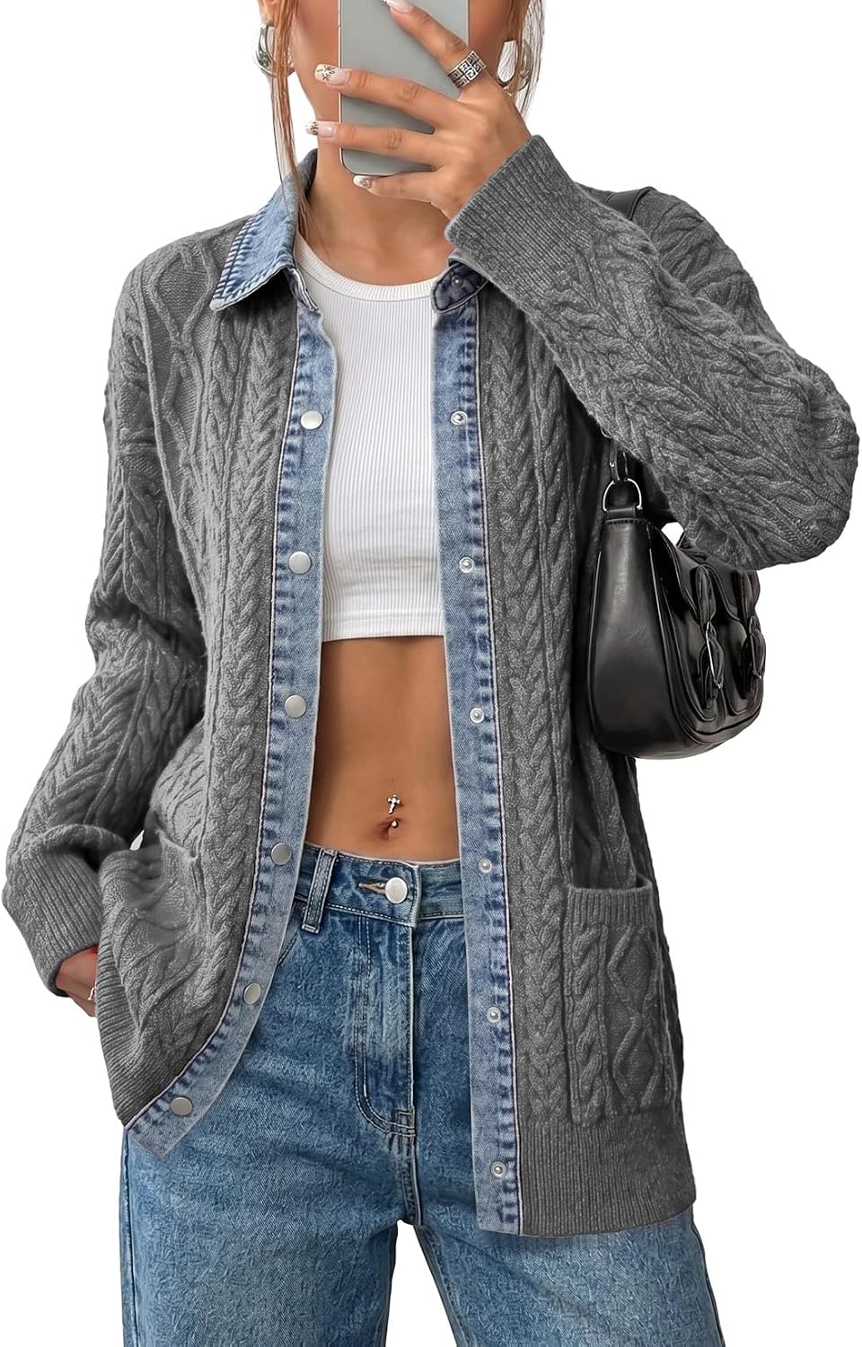Sidefeel Womens Cable Knit Denim Collar Cardigan Sweaters