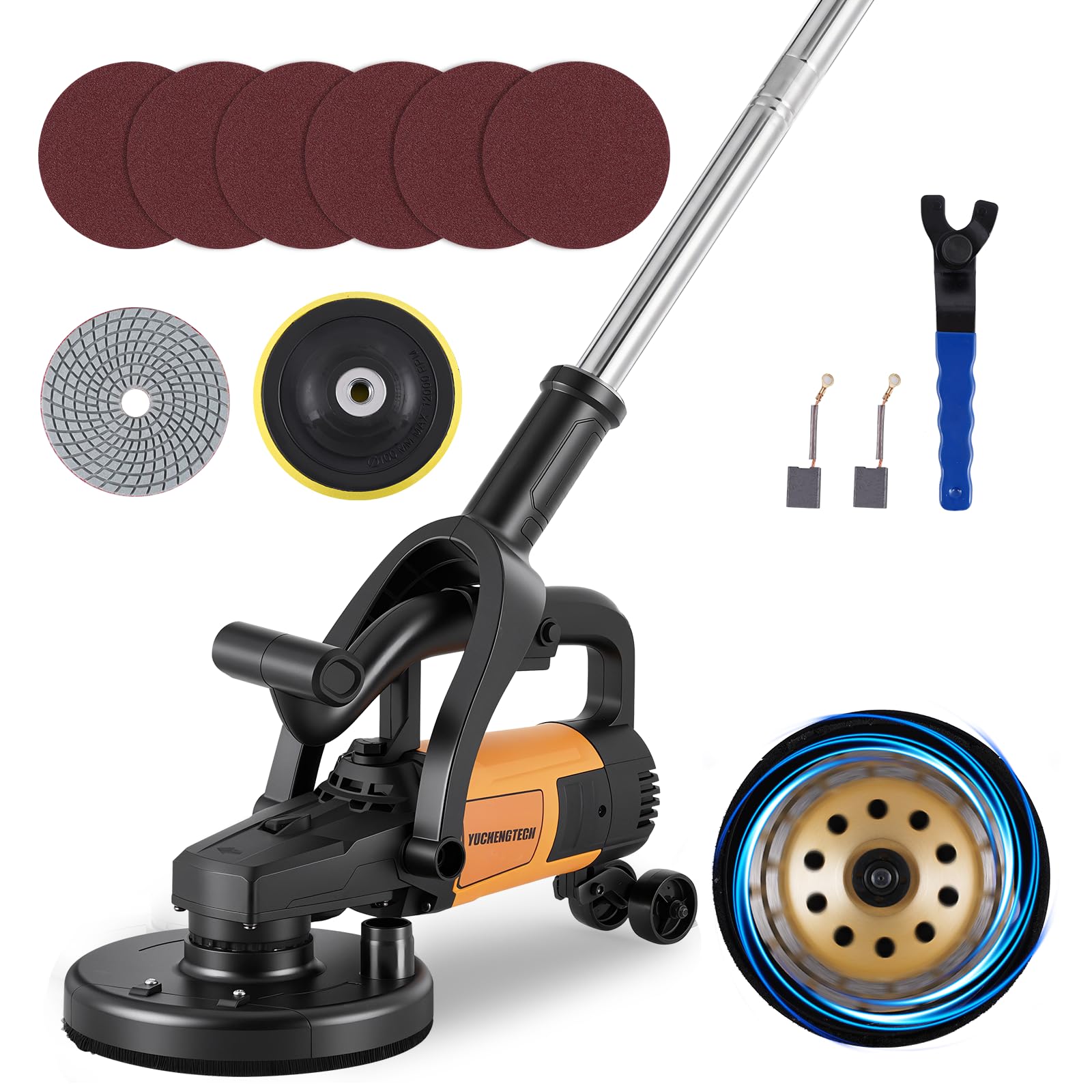YUCHENGTECH Pulidora de Hormigón 180mm 3800W Lijadora de Hormigon para Suelo con 6 Velocidades y 3 Tipos de Discos (Lijado, Eliminación de Óxido, Pulido) para Hormigón, Cemento y Mármol
