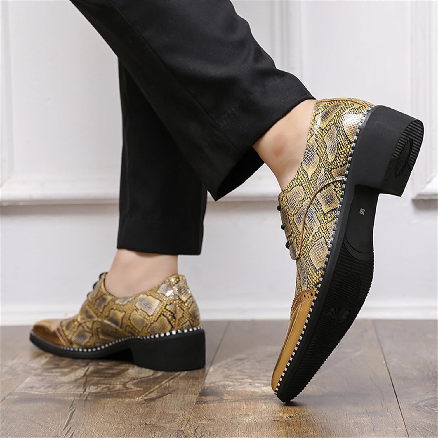 Men's Genuine Leather Snakeskin Lace-Up Dress Oxford Shoes with Chunky Heel Metal Pointed Toe Gold Accents Lightweight Soft Derby Shoes for Formal Weddings Parties Formal Events Nightlife - Image 6