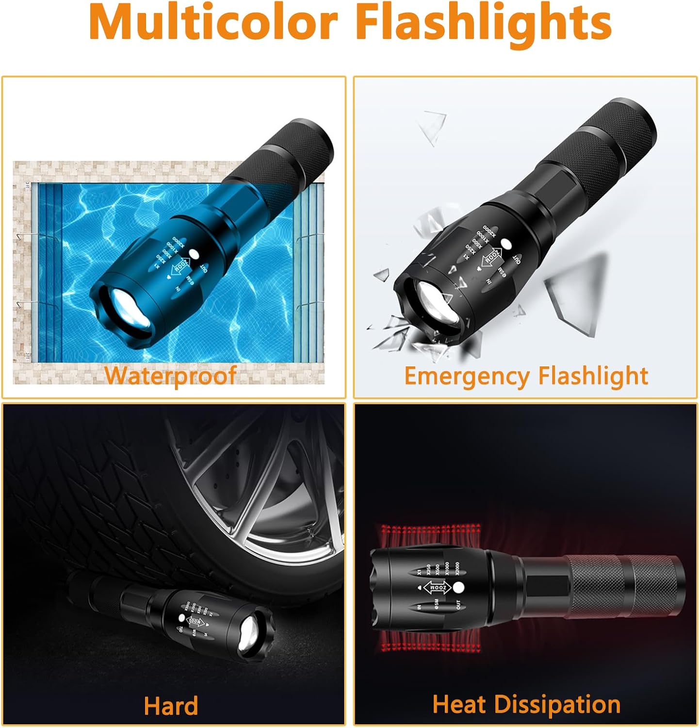 WINDFIRE Multicolor Flashlights Rechargeable, 4 Color in 1 LED Tactical Flashlight with White Blue Green Red Light, Built-in Battery, Zoomable, for Camping Hiking Fishing Hunting Astronomy