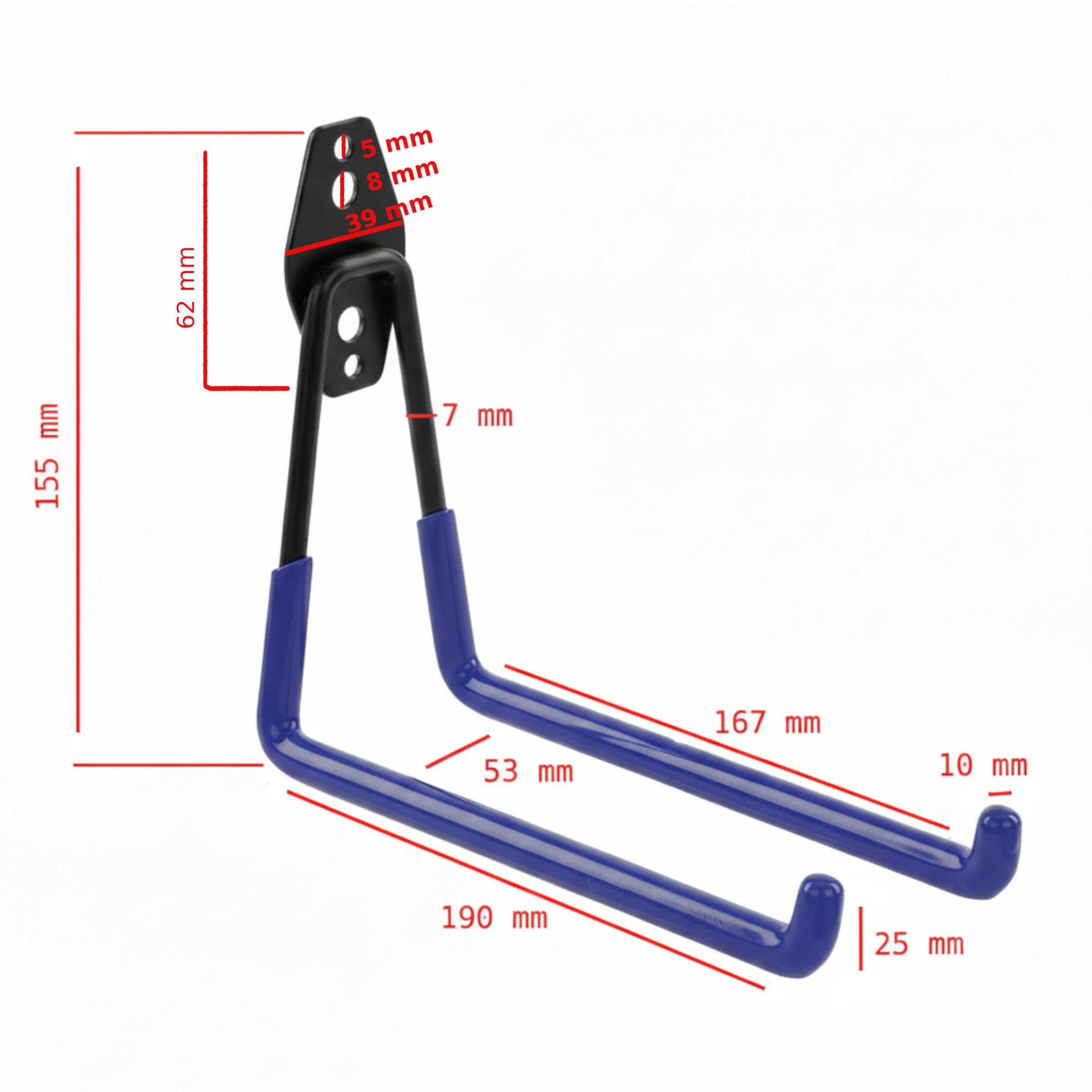 botle Set di 10 ganci da parete, ganci per attrezzi, per utensili elettrici, dritti da 19 cm, rivestimento in PVC, per garage, capannoni, ganci per scale e pale, doppio gancio, portata fino a 25 kg