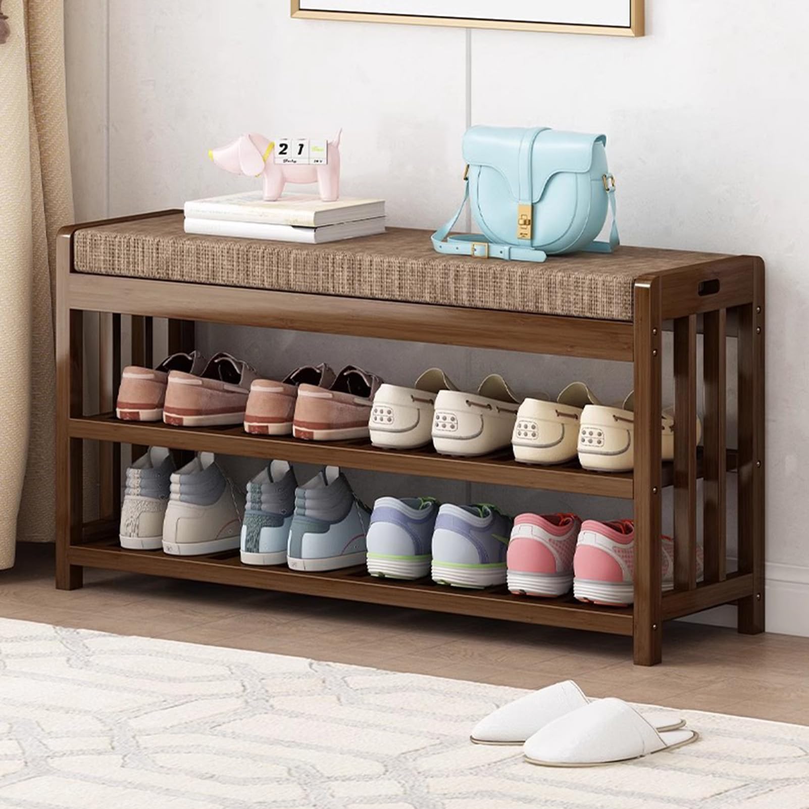 Banc à chaussures d'entrée marron meuble rangement 3 niveaux