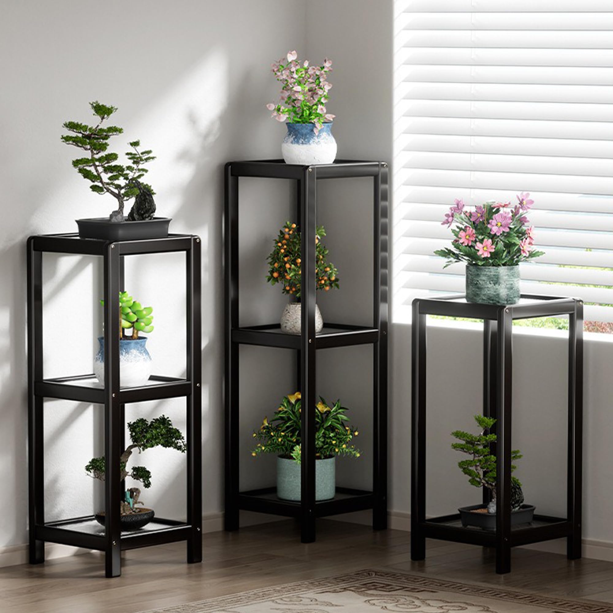 Soporte vertical cuadrado para plantas de interior, estante de bambú de 3 niveles para plantas de esquina, soporte para plantas de interior, estante de exhibición de macetas de flores para balcón
