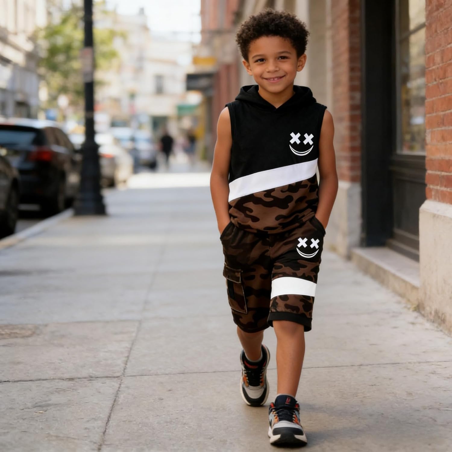Boys Summer Clothes 2PCS Color Block Hooded Sleeveless Tee Tops & Camo Shorts Set Teen Boys Outfits Size 6-12Y - Image 2