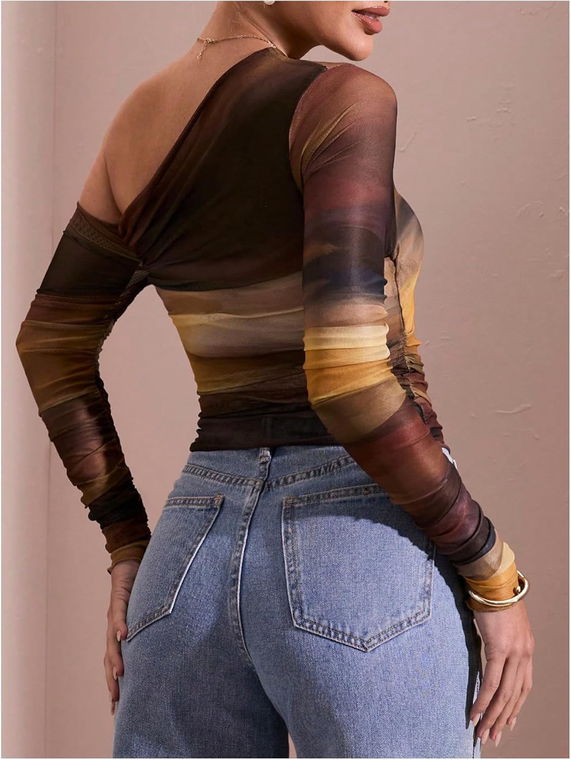 MakeMeChic Women's Tie Dye Asymmetrical Neck Long Sleeve Ruched Tee Shirt Crop Tops - Image 2