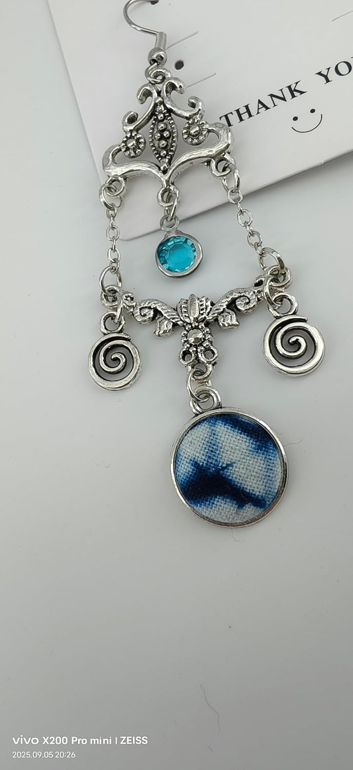 Vintage Palace Style Dangle Earrings, Antique Silver, Metal with Blue Tie-Dye Fabric Medallions, Spiral Charms, Handmade - Image 3
