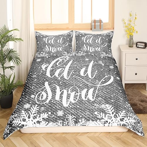 Miniatura 2 de Juego de ropa de cama de copo de nieve de Navidad, tamaño King, juego de funda de edredón con estampado a cuadros vintage gris de 3 piezas para