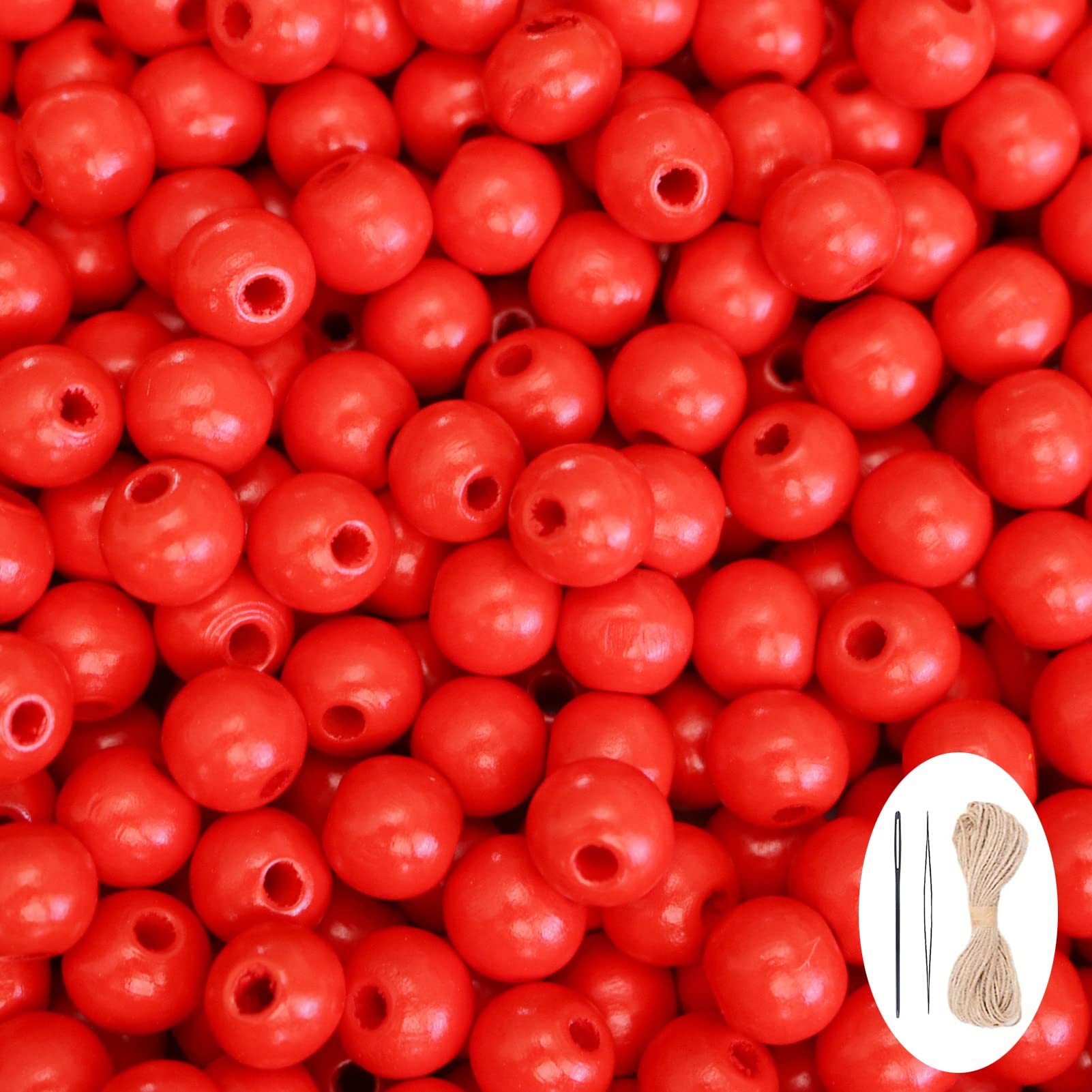 400Pcs Red Wooden Beads for Garlands, Round Wood Loose Beads with Hole Smooth Spacer Beads Wood Ball with 10m Hemp Rope for Jewelry Making Home Decor