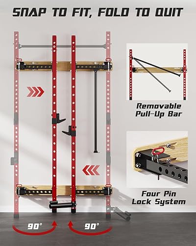 Miniatura 4 de 2" x 2" Folding Wall Mounted Squat Rack, 1100 Pounds Capacity Power Rack with Pull Up Bar, J Hooks and Other Attachments, Space-Saving Home Gym