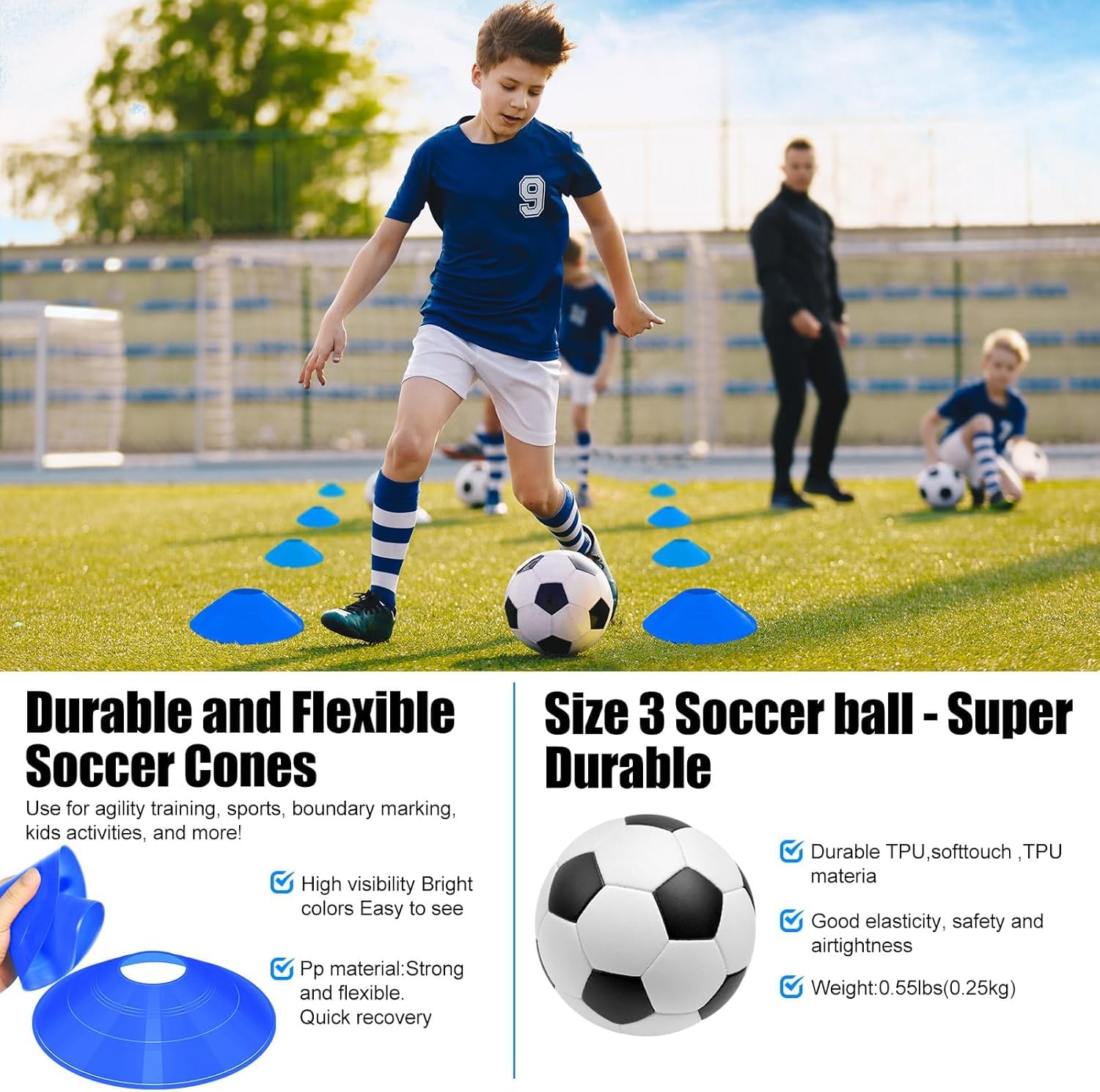 Juego de 2 redes de fútbol para niños de 4 x 3 pies para niños de 3 a 14 años, kit de equipo de entrenamiento de fútbol portátil con pelota de fútbol, conos para niños y jóvenes al aire libre 6