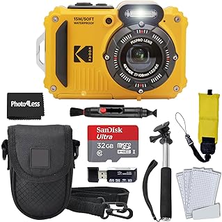 Kodak PIXPRO WPZ2 Rugged Waterproof Shockproof Digital Camera 16MP 4X Optical Zoom 1080P Full HD Video, 2.7 LCD (Yellow), 32GB SD Card, Black Compact Case, Floating Strap, Bundle (7 Items)