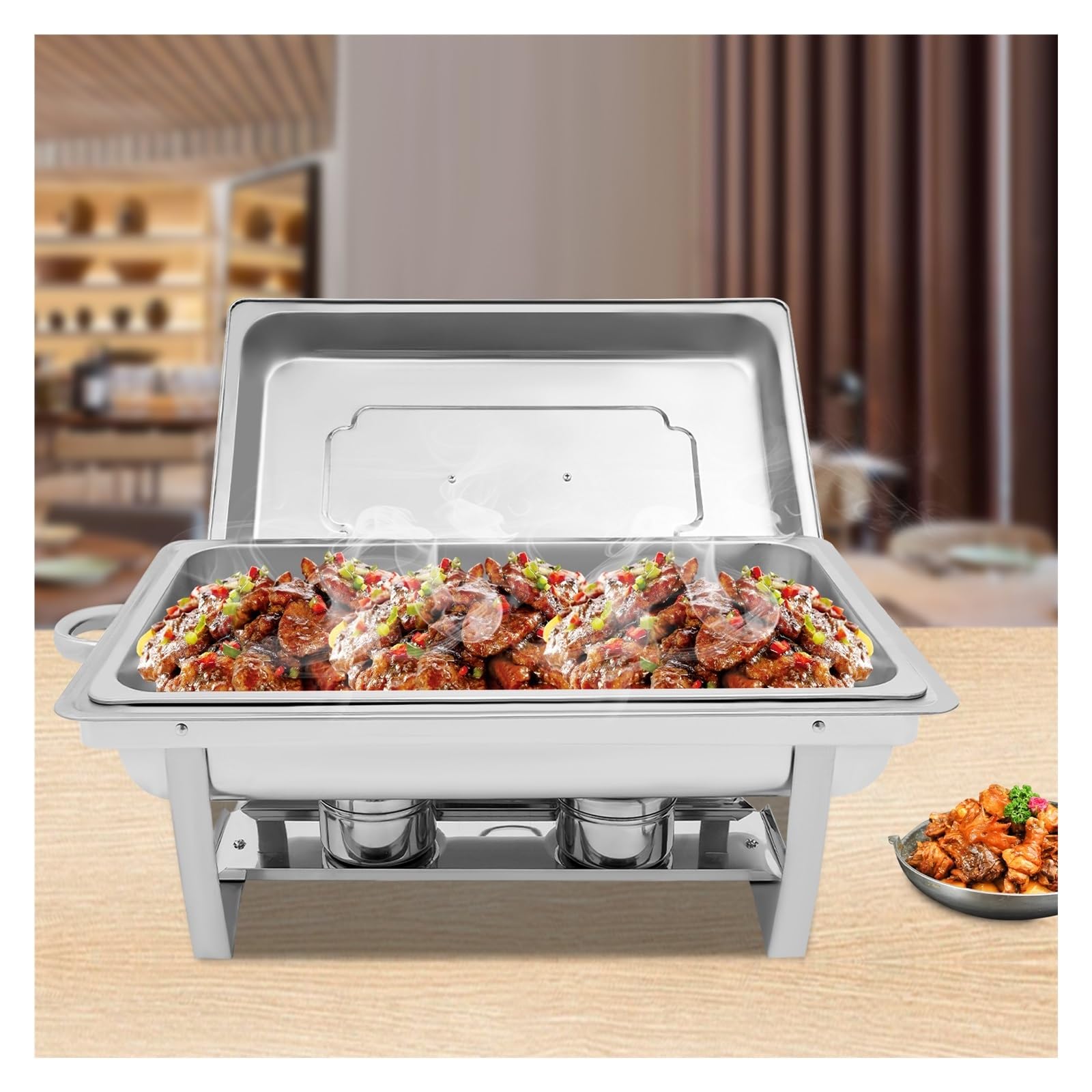 Juego De Buffet Chafing Dish Acero Inoxidable 9L, Calentador Alimentos Rectangular con Tapa For Catering Fiesta Bodas, Plata Calor Duradero