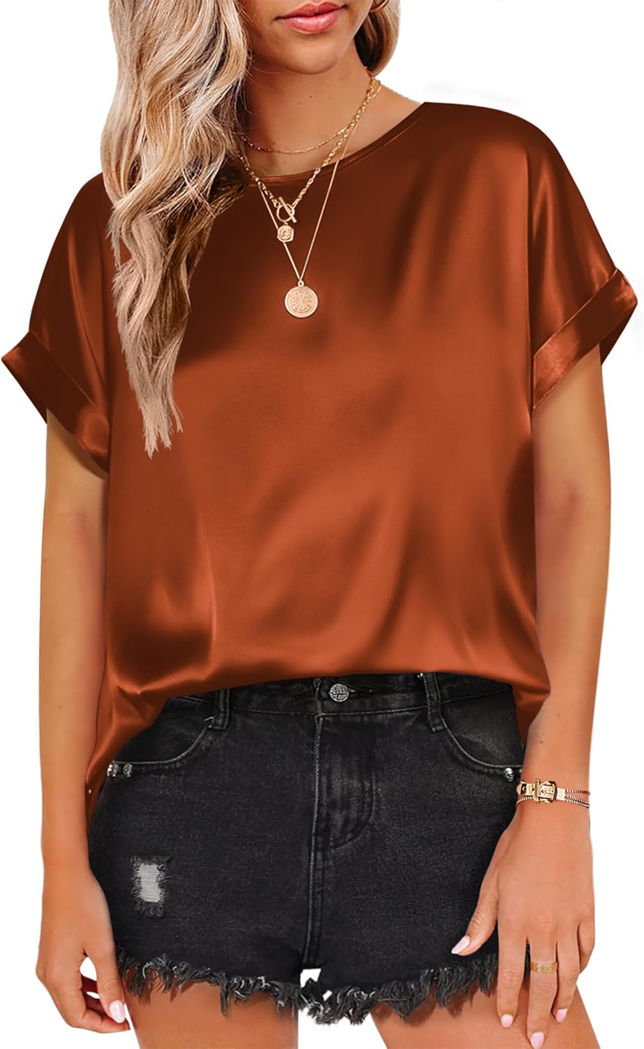 HOTOUCH Women's Short Sleeve Pullover Blouses Satin Silk Shirts Casual Loose Work Tunic Tops - Image 2