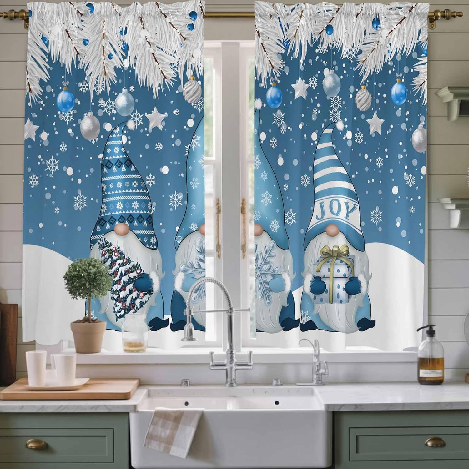 Blue Gnomes Christmas Window Curtains 63 Inch Long 2 Panel Set, Rod Pocket Bedroom Curtains & Drapes, Xmas Snowflake Ball Winter Tree Gifts Light Filtering Window Treatment for Living Room 42"W x 63"L