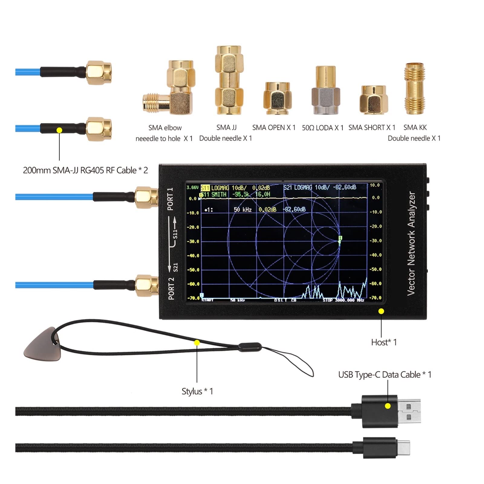 Spectrum Analyzer, V2 Vector Network Analyzer Digital Nano VNA Próbnik MF HF VHF UHF USB Analizator anteny logicznej Parametry S, stosunek fali stojącej napięcia(2.8 inch V2)