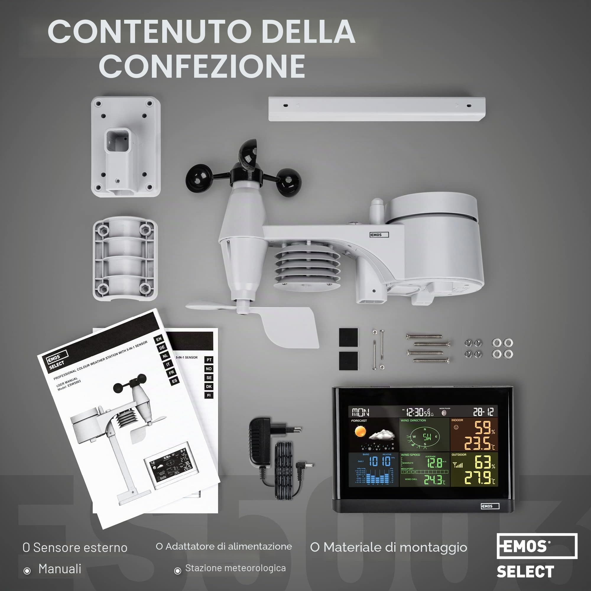 EMOS Stazione Meteo con anemometro e pluviometro - Sistema di Monitoraggio Wireless da Interni e Esterni e Display a Colori