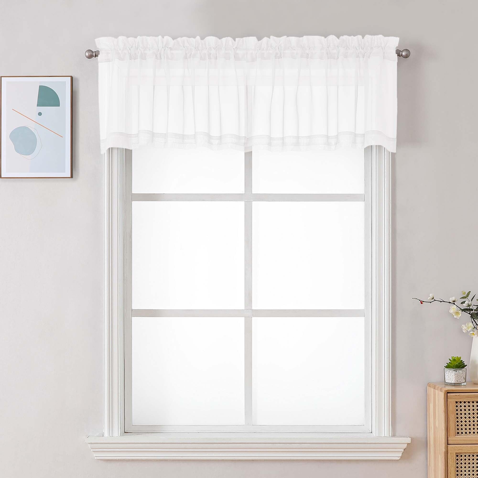 Chyhomenyc White Sheer Valances for Windows - Light Filtering Small Kitchen Curtains, Rod Pocket Short Top Window Treatment Decor for Living Room Bathroom Basement, 42Wx16L inches, 2 Panels