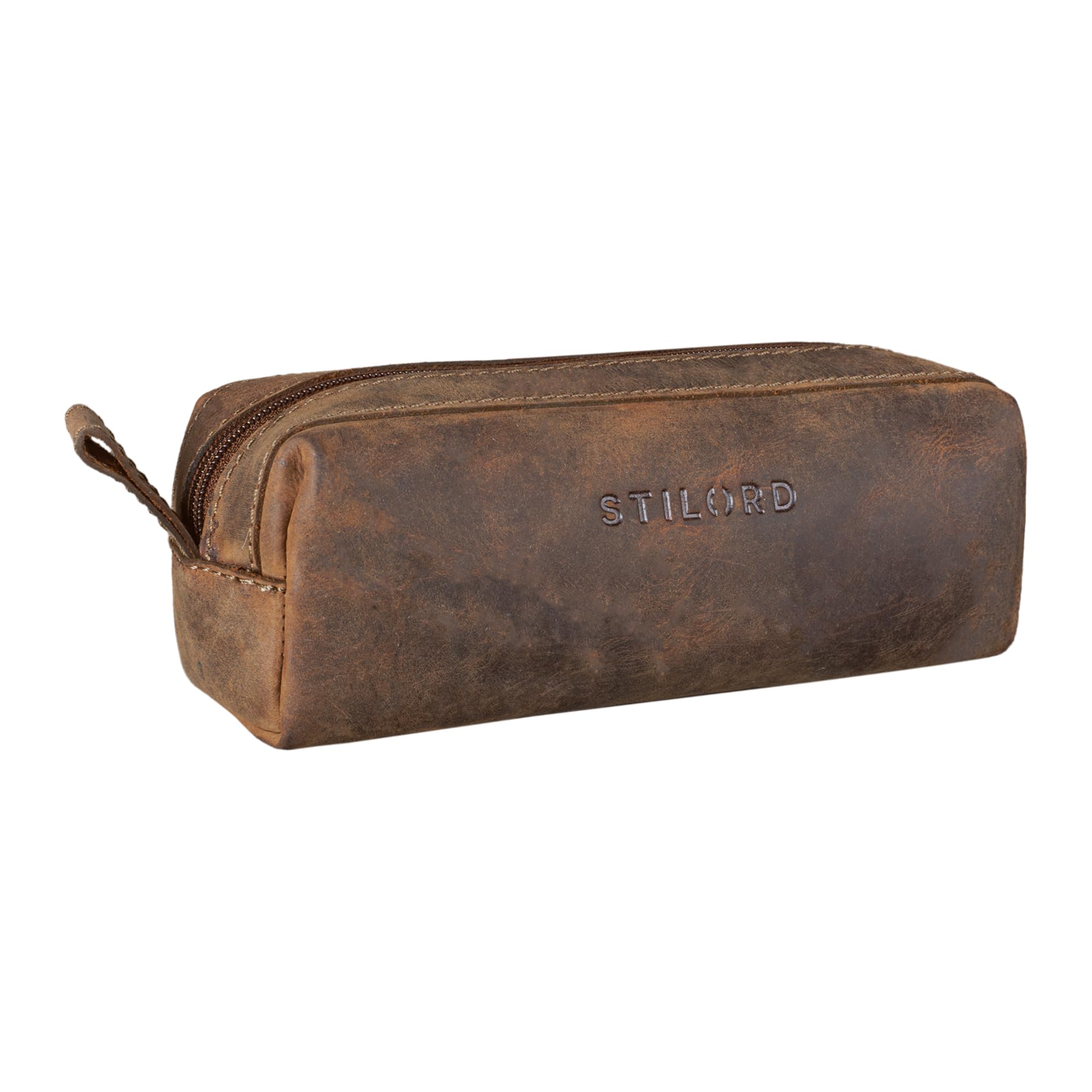 STILORD "Linus" Pencil Case Leather Pen Case Pouch Office University College Women Men Stationary Vintage Leather Colour:Calais - Brown