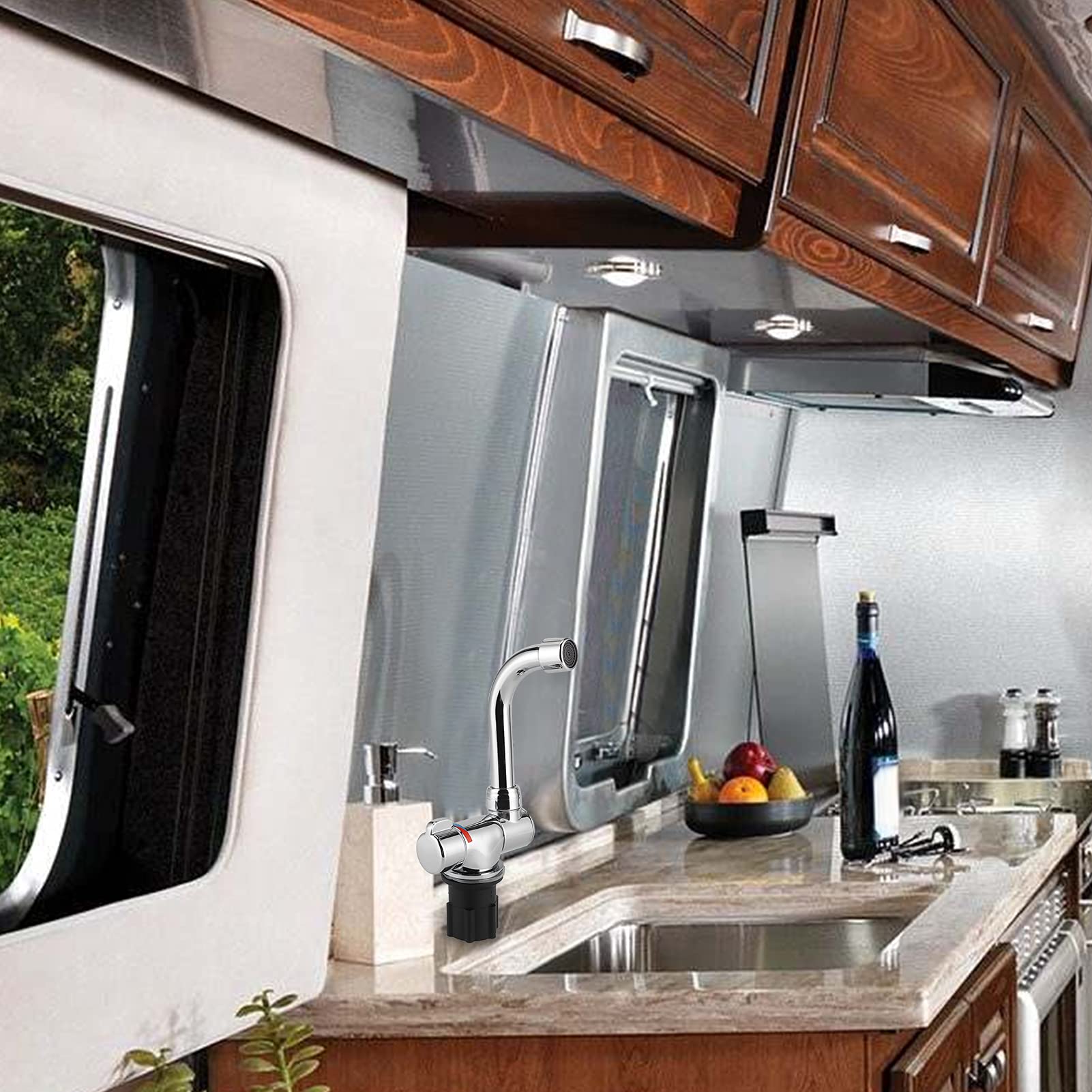 Grifo de Agua Fría y Caliente con Rosca G1/2 Pulgadas de Rotación 360 para RV Caravana Cocina Baño