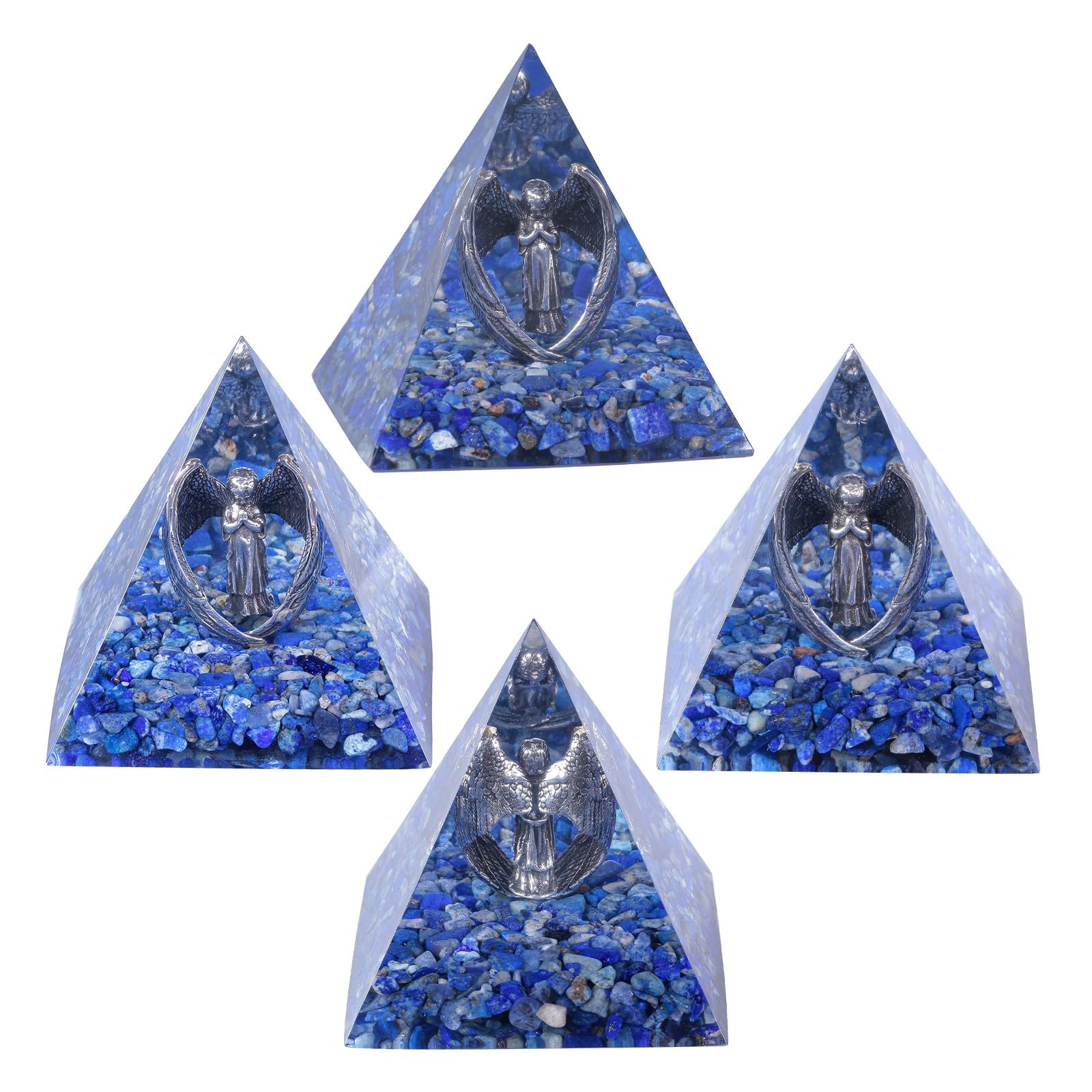 KYEYGWO Lapislazuli Kristall Pyramide Stein mit Geschnitzte Kupfer Engel Figur, Heilstein Schutzengel Pyramiden Positive Energie Pyramide Glück Friedensengel Statue Ornament für Haus Decor