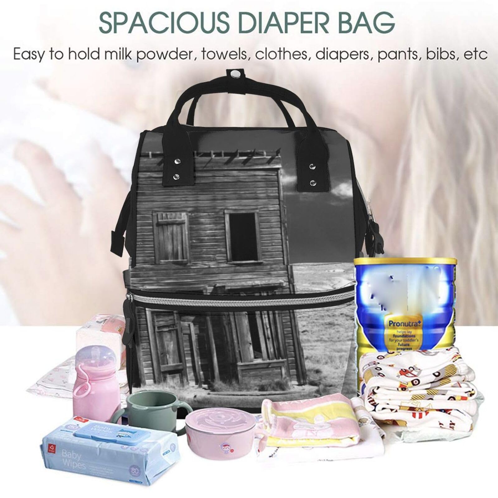 OUSIKA Old Building Up - Mochila multifunción para pañales de viaje, grande, para mamá, papá, color negro, talla única, Negro, talla única