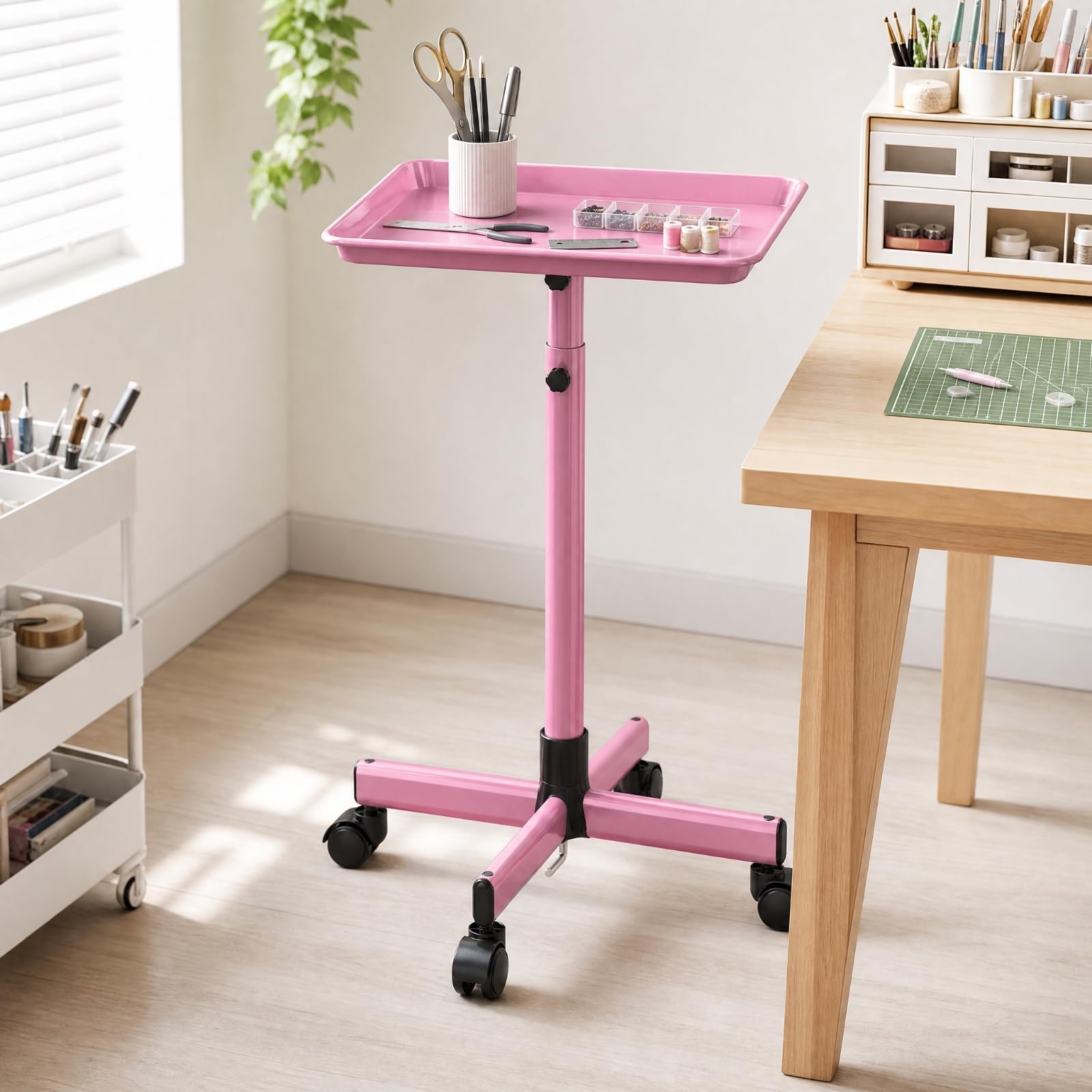 Organizador para Salon con Superficie Trabajo Rectangular y Base Giratoria con Ruedas para Equipos Pequenos en Entornos Cuidado Personal