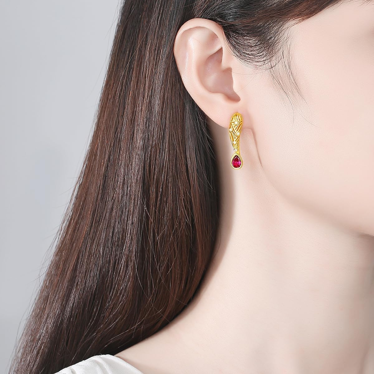 14K Gold Royal-Inspired Ruby Earrings, Geometric Filigree Moissanite Teardrop Jewelry for Women - Image 3