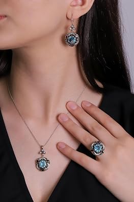 Behiye Series Silver Aquamarine Stone Triple Set Authentic Jewelry Adjustable Ring